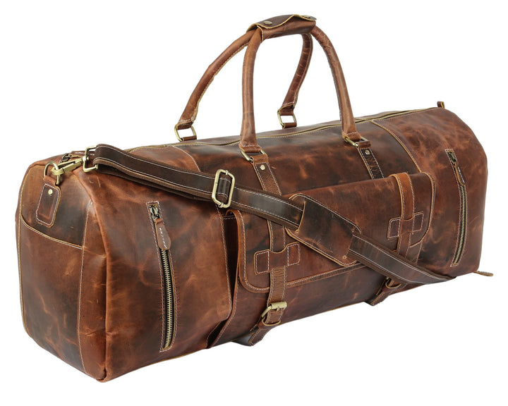 Tuzech Vintage Leather men's Travel Duffle luggage bag with Shoe Pouch ,Professional Bag Gym Sports Soft Shell Overnight Weekend Brown Color (28 Inches)-Tuzech store
