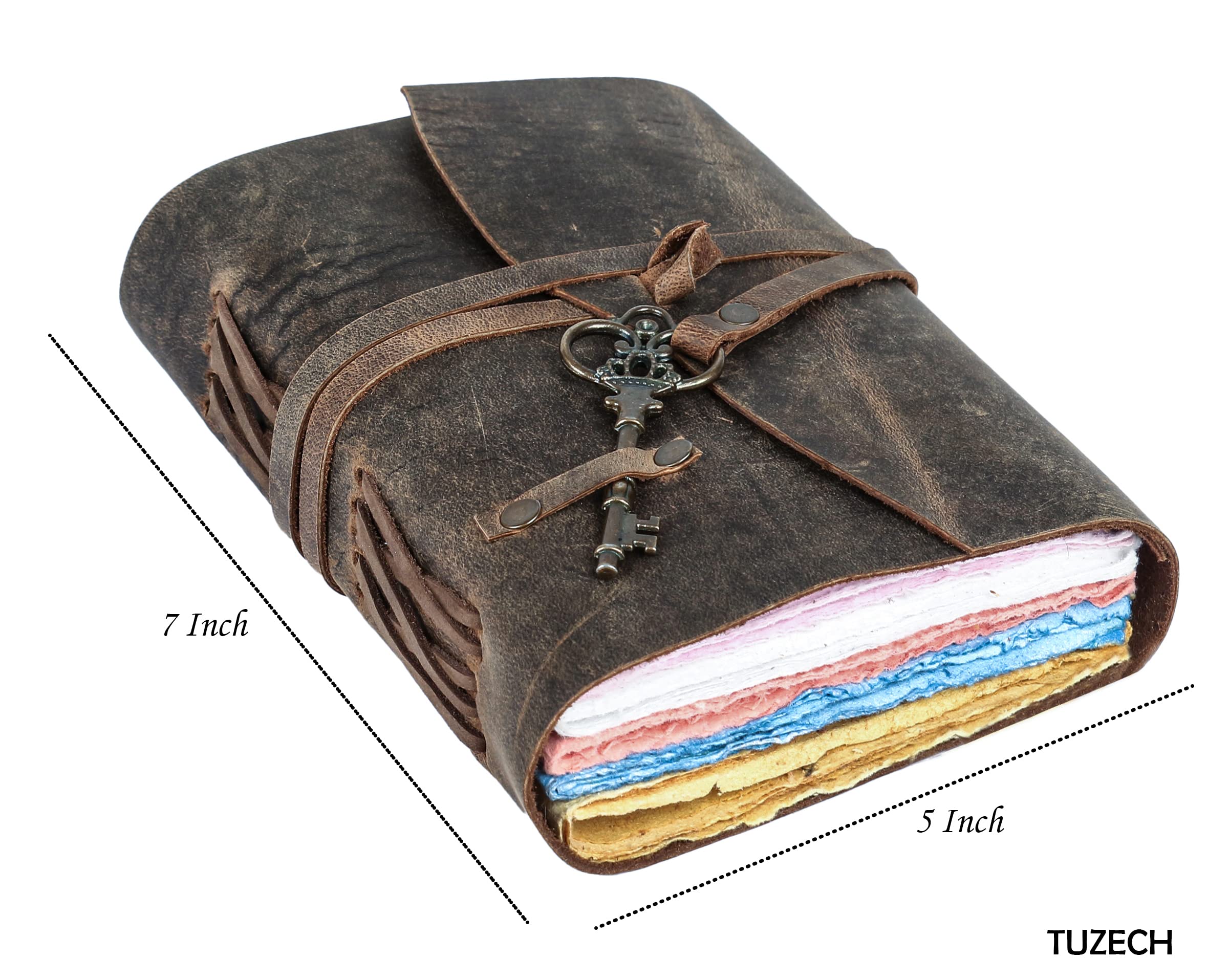 Tuzech Leather Journal for Women Men Gift With Deckle Edge Paper , Leather Scrapbook, Book of Shadows, Vintage Journal, Old Books, Grimoire, Antique Drawing Sketchbook Colourful Paper 7 by 5 Inches-Tuzech store