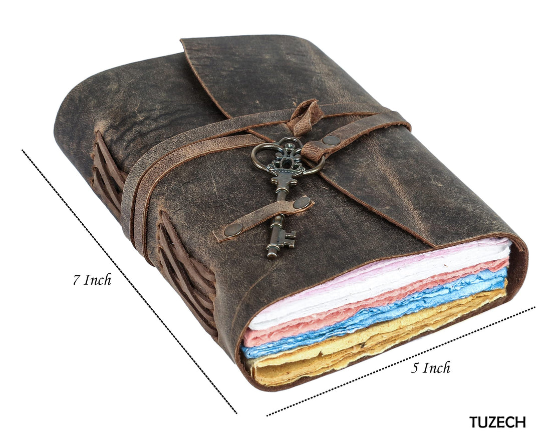 Tuzech Leather Journal for Women Men Gift With Deckle Edge Paper , Leather Scrapbook, Book of Shadows, Vintage Journal, Old Books, Grimoire, Antique Drawing Sketchbook Colourful Paper 7 by 5 Inches-Tuzech store