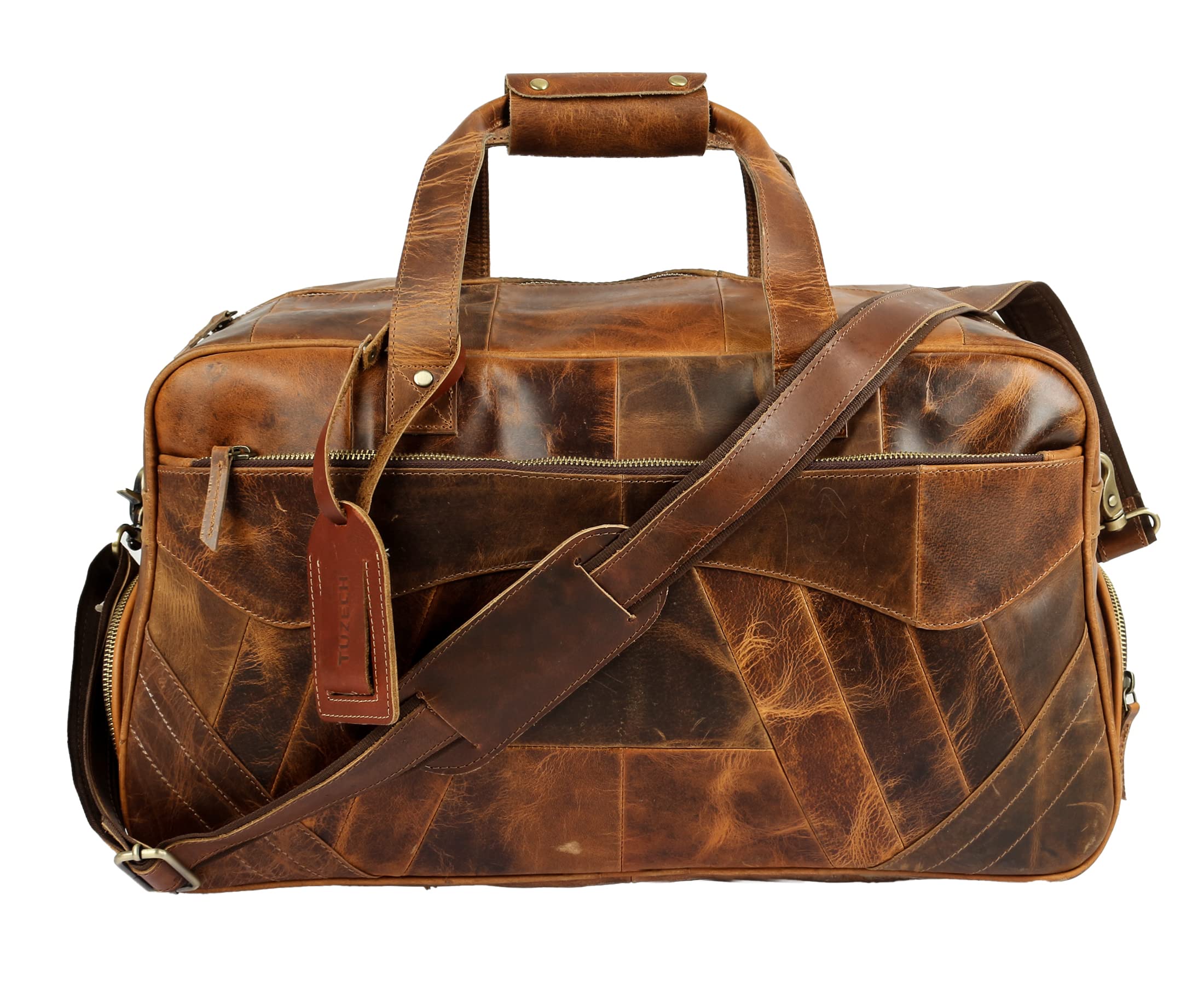 Tuzech Handmade Large Leather Duffle Bag for Men - Weekender Bag with Double Shoe Compartment Carry On Travel Luggage Leather (BROWN) 20 INCHES-Tuzech store