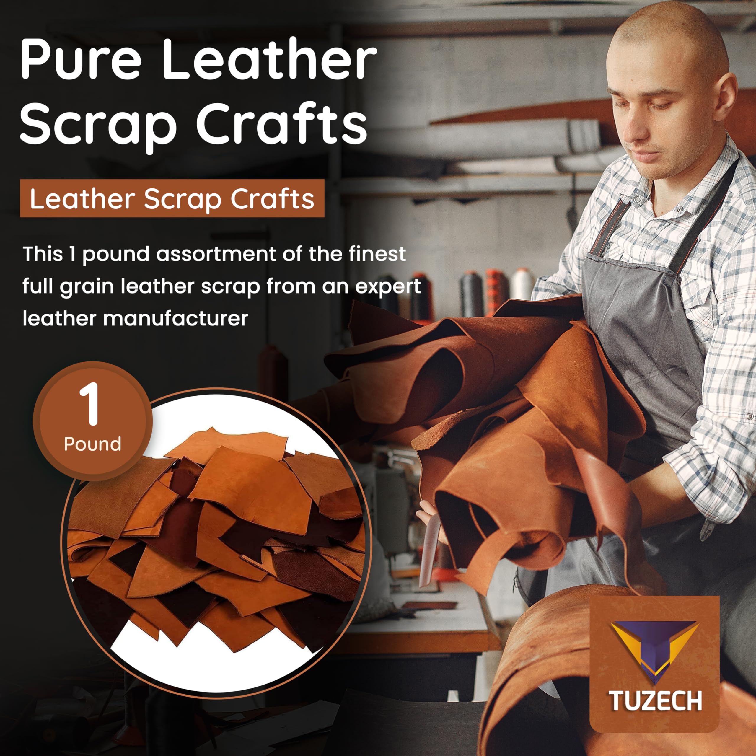 TUZECH Leather Scrap Crafts 1 lbs Leather Scrap - Large Pieces of Full Grain Leather Cowhide Remnants Bag - Design & Make Crafts