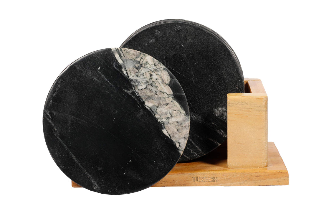 100% Pure Marble Natural Stone Coasters for Drinks with Wooden Holder Housewarming Suitable for Cup Glasses Prevent Furniture from Dirty Spills Water Ring, Scratches 4Inches Set of 6-Tuzech store