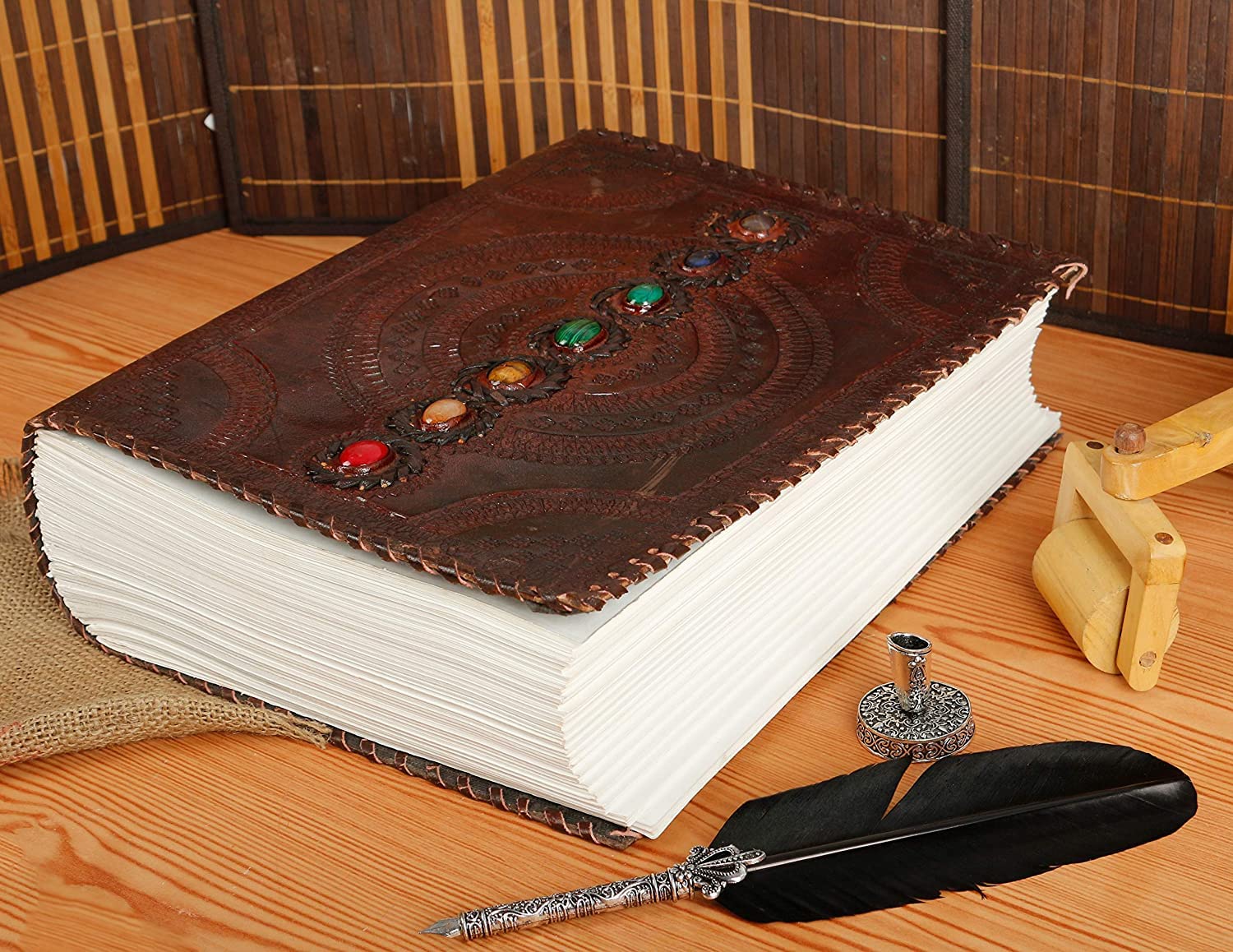 TUZECH Fat Leather 600 Pages Journal Large | Seven Stone Leather Notebook Journal | Blank Handmade Book Sketchbook | Christmas Gift Everyday Use-Tuzech store