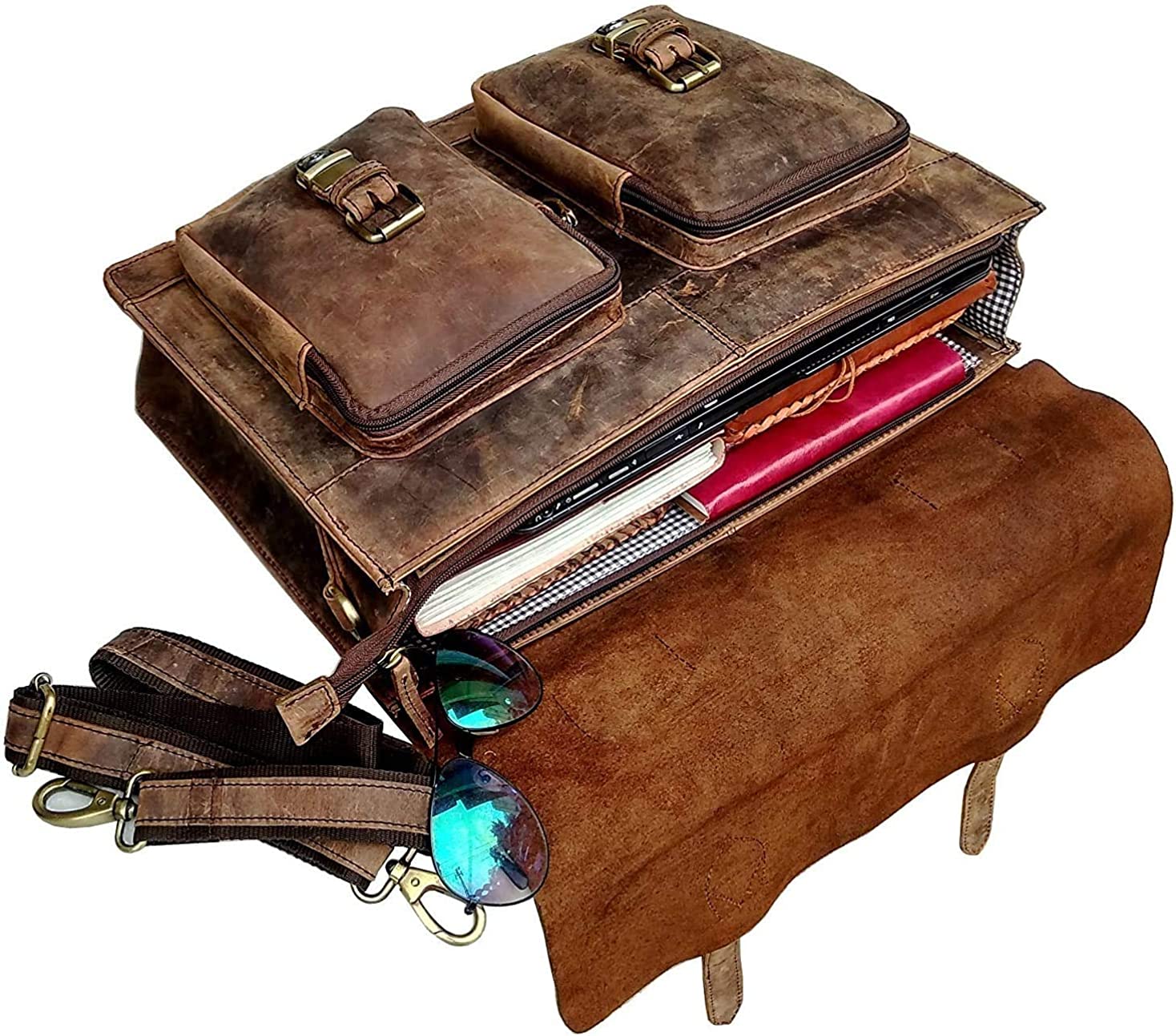 Tuzech genuine Retro Buffalo Hunter Leather Laptop Messenger Bag Office Briefcase College Bag Leather Bag for Men and Women (15 Inches)-Tuzech store