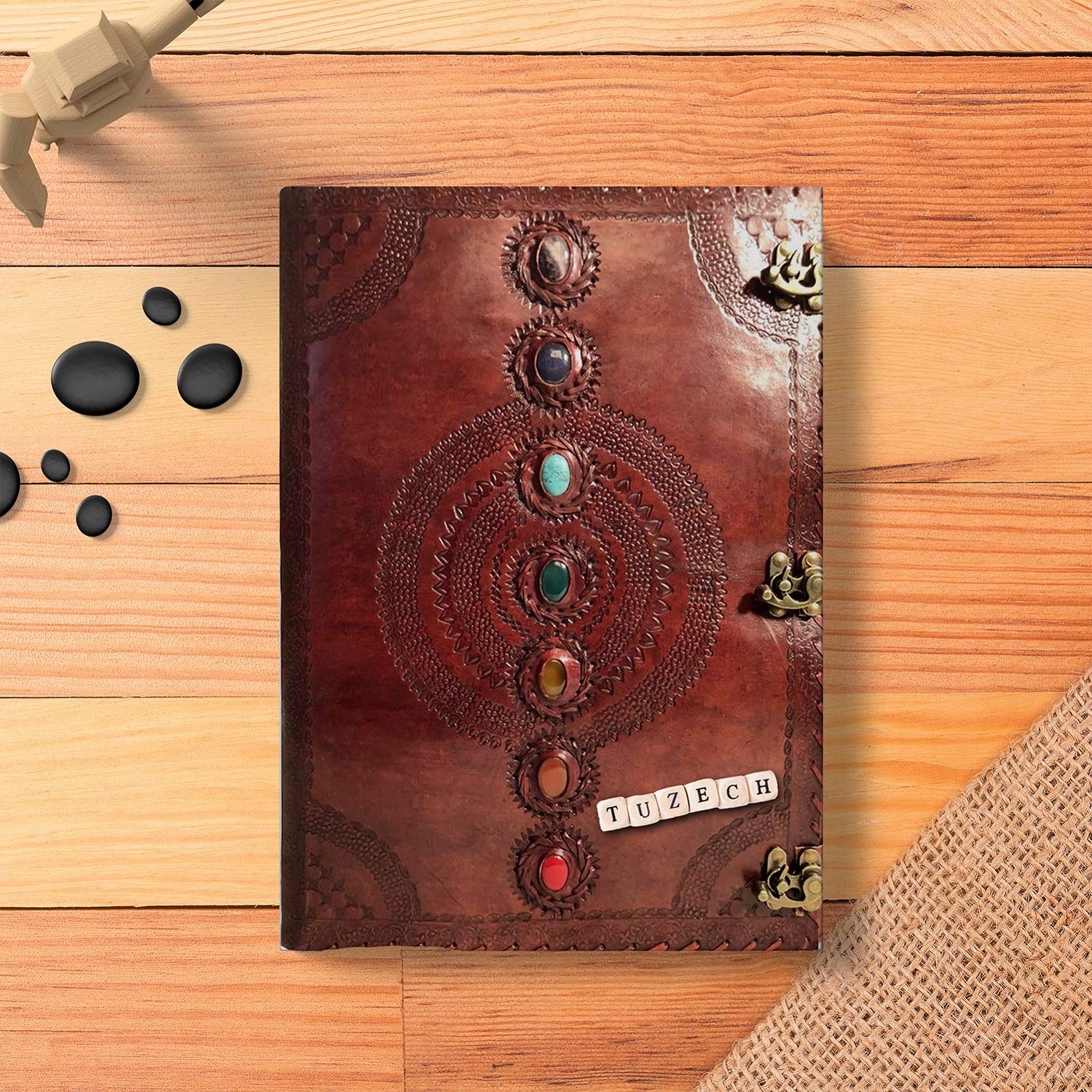 TUZECH Seven Chakra Medieval Stone Embossed Handmade Jumbo Leather Journal Book of Shadows Notebook Office Diary College Poetry Sketch-Tuzech store