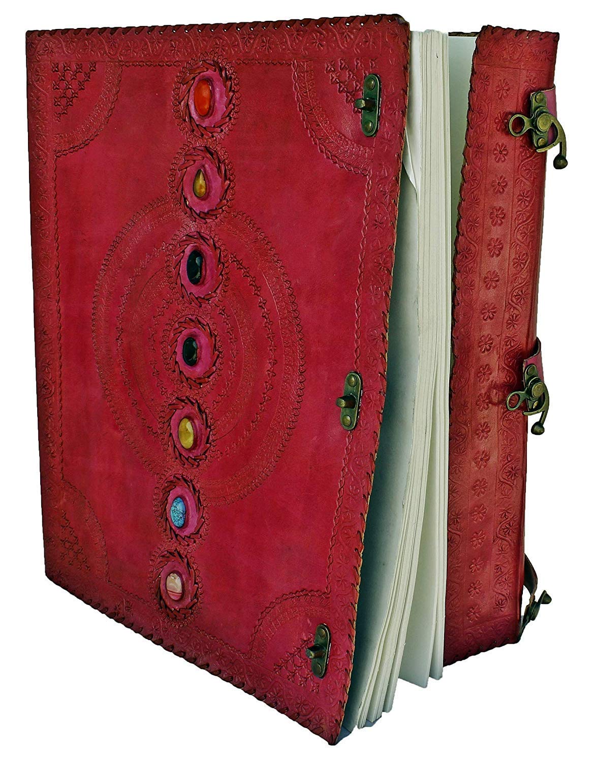 TUZECH Seven Chakra Medieval Stone Embossed Handmade Jumbo Leather Journal Book of Shadows Notebook Office Diary College Poetry Sketch-Tuzech store