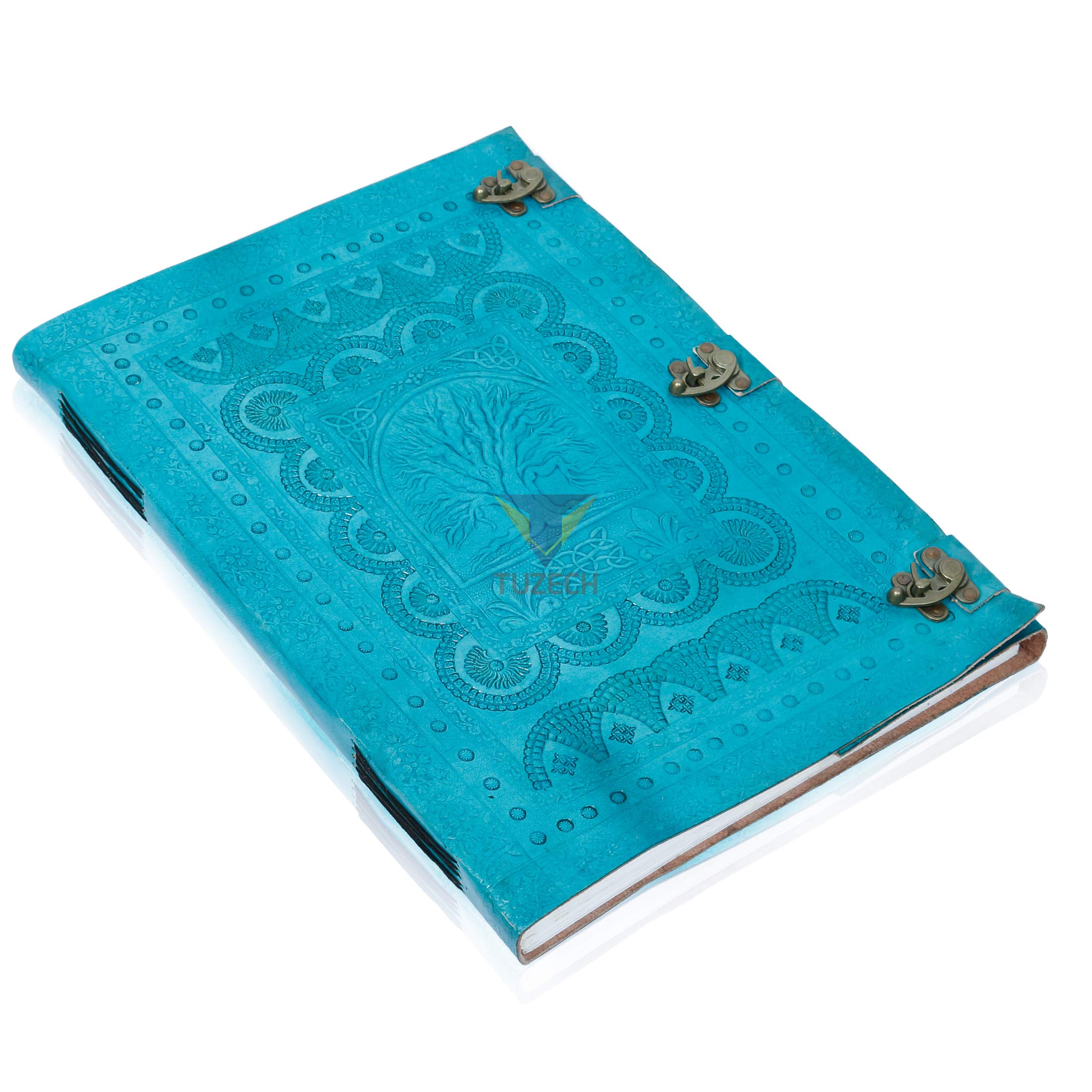 Tuzech Handmade Unique and Antique Notebook Diary for Men Women Nice Tree Embossed Design in Turquoise Color Brass Lock for Nice Closer Unlined Paper 18x13 Inches-Tuzech store