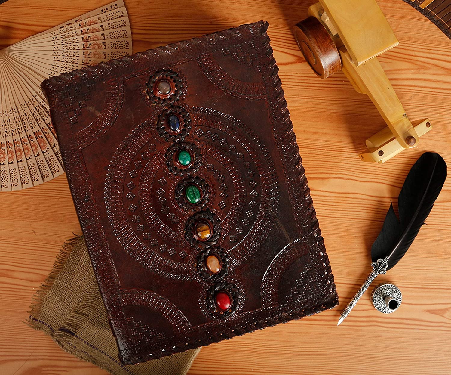 TUZECH Fat Leather 600 Pages Journal Large | Seven Stone Leather Notebook Journal | Blank Handmade Book Sketchbook | Christmas Gift Everyday Use-Tuzech store