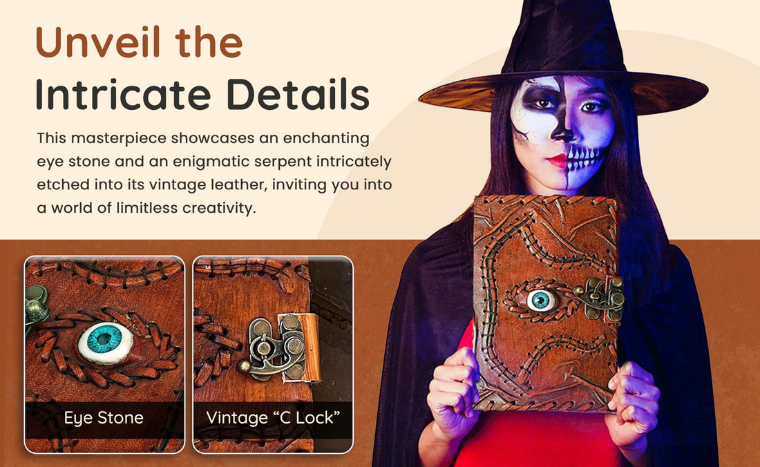 TUZECH Cutomizable Hocus Pocus Book of Spells Leather Journal Third Eye Deckle Edge Paper Grimoire Journal Vintage Book of Shadows Seven Chakra Antique Spell Book Lock Clasp Notebook Witch