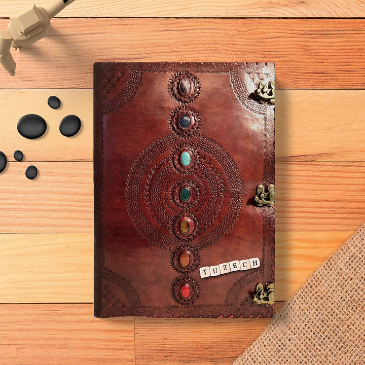 TUZECH Leather Journal Book Seven Chakra Medieval Stone Embossed Handmade Book of Shadows Notebook Office Diary College Book Poetry Book Sketch Book 13 inches-Tuzech store