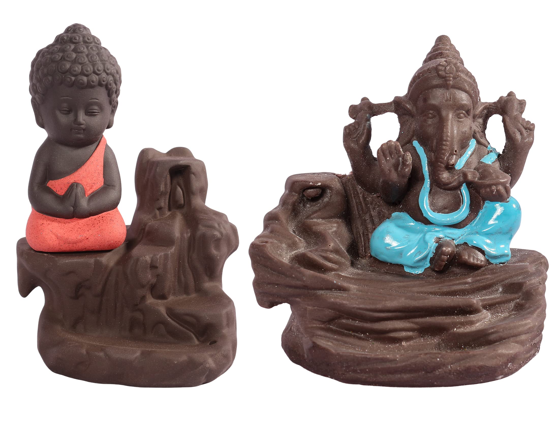 Tuzech Handicraft Ceramic Buddha & Ganesha Smoke Fountain Backflow Incense Holder Home Decor Buddha & Ganesha Statue Gifts Showpieces Multicolor (Set of 2)-Tuzech store