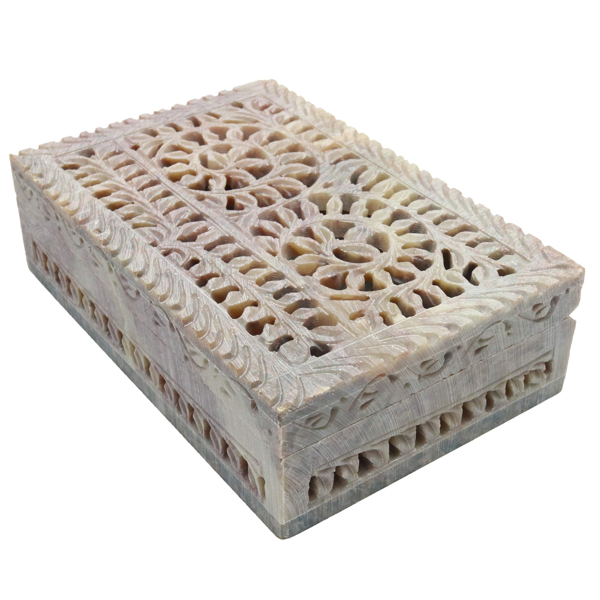 Tuzech Natural Decorative Hand Carved Marble Floral Carving Handmade Jewellery Decorative Marble Box for Jewellery Storage-Tuzech store