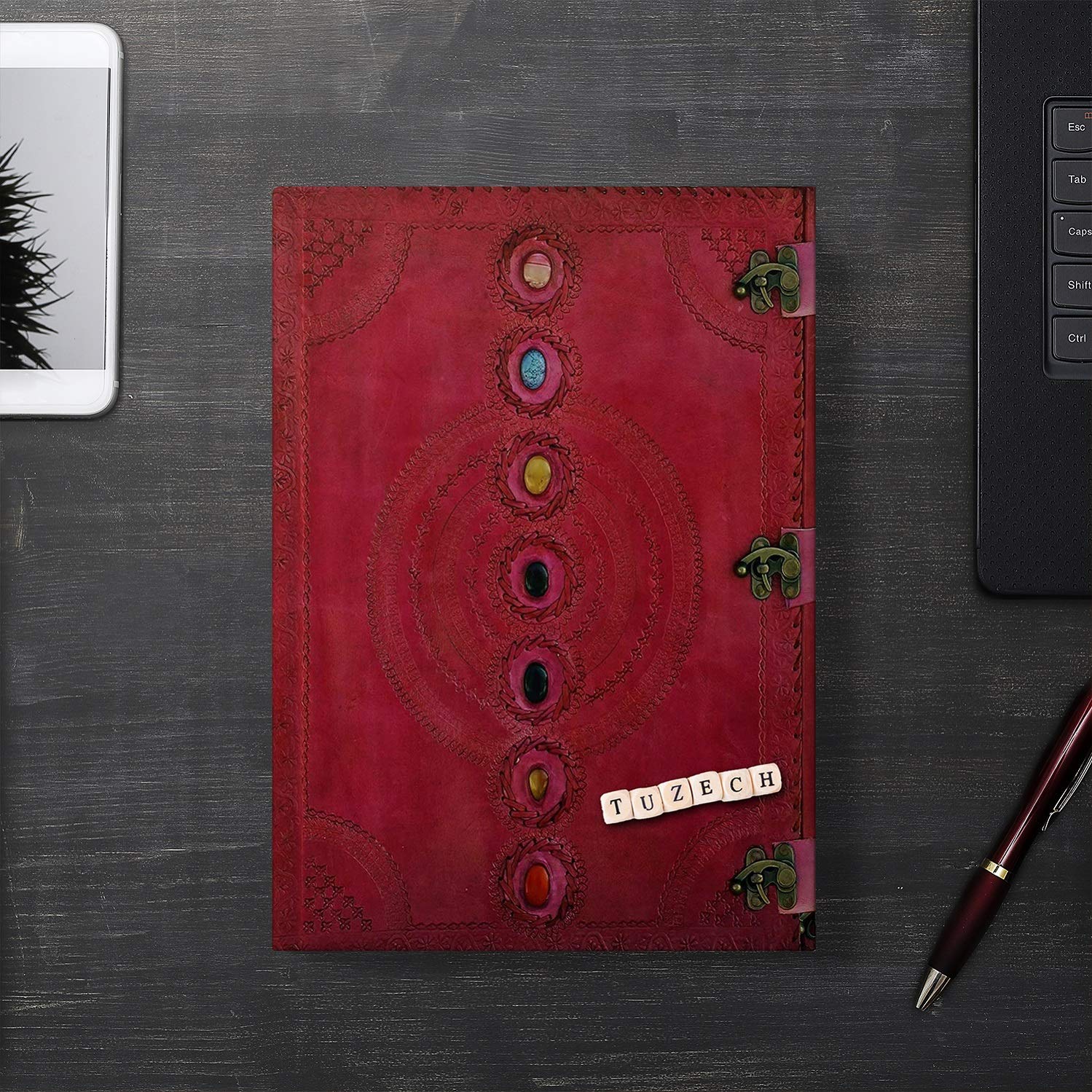 TUZECH Seven Chakra Medieval Stone Embossed Handmade Jumbo Leather Journal Book of Shadows Notebook Office Diary College Poetry Sketch-Tuzech store