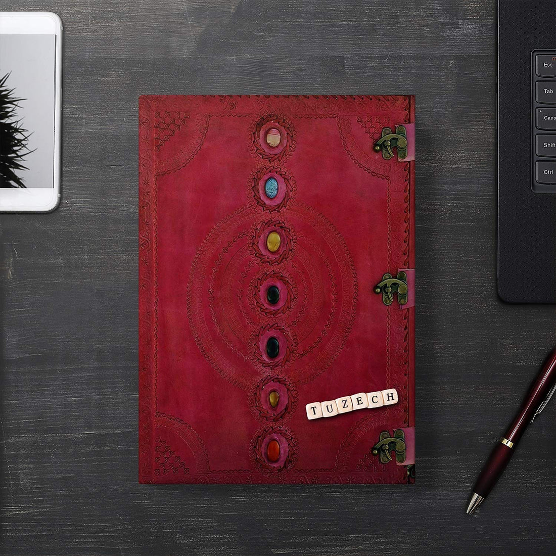 TUZECH Seven Chakra Medieval Stone Embossed Handmade Jumbo Leather Journal Book of Shadows Notebook Office Diary College Poetry Sketch-Tuzech store