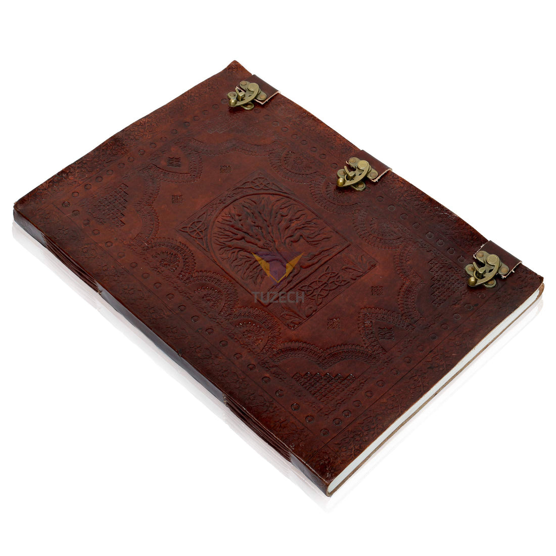 Tuzech Handmade Unique and Antique Notebook Diary for Men Women Nice Tree Embossed Design in Turquoise Color Brass Lock for Nice Closer Unlined Paper 18x13 Inches-Tuzech store