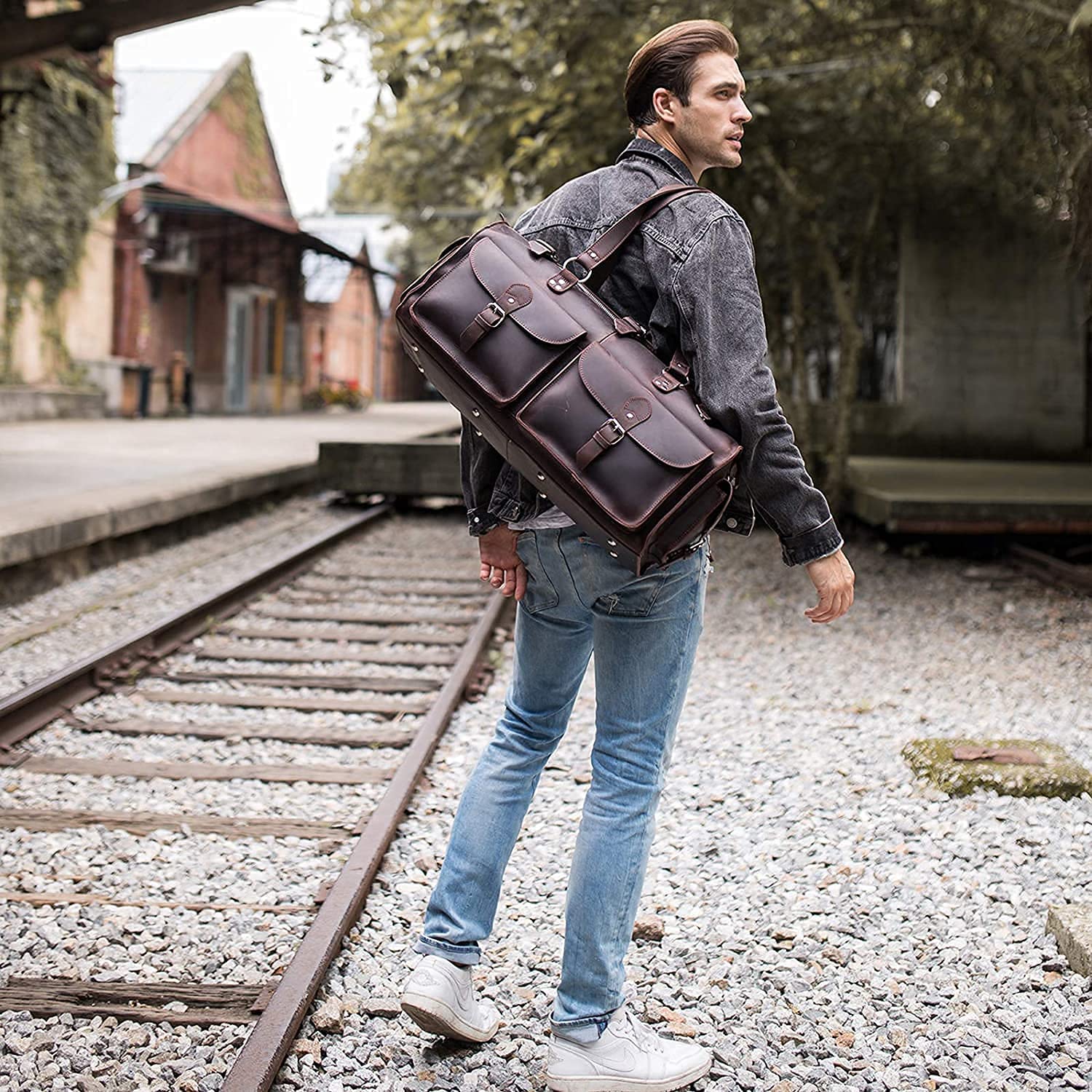 TUZECH Handmade Traditional Natural Full Grain Leather Weekender Carry On Duffle Duffel Bag For Men Travel Luggage Bags in Square With YKK zippers Dark Brown Color (22 Inches)-Tuzech store