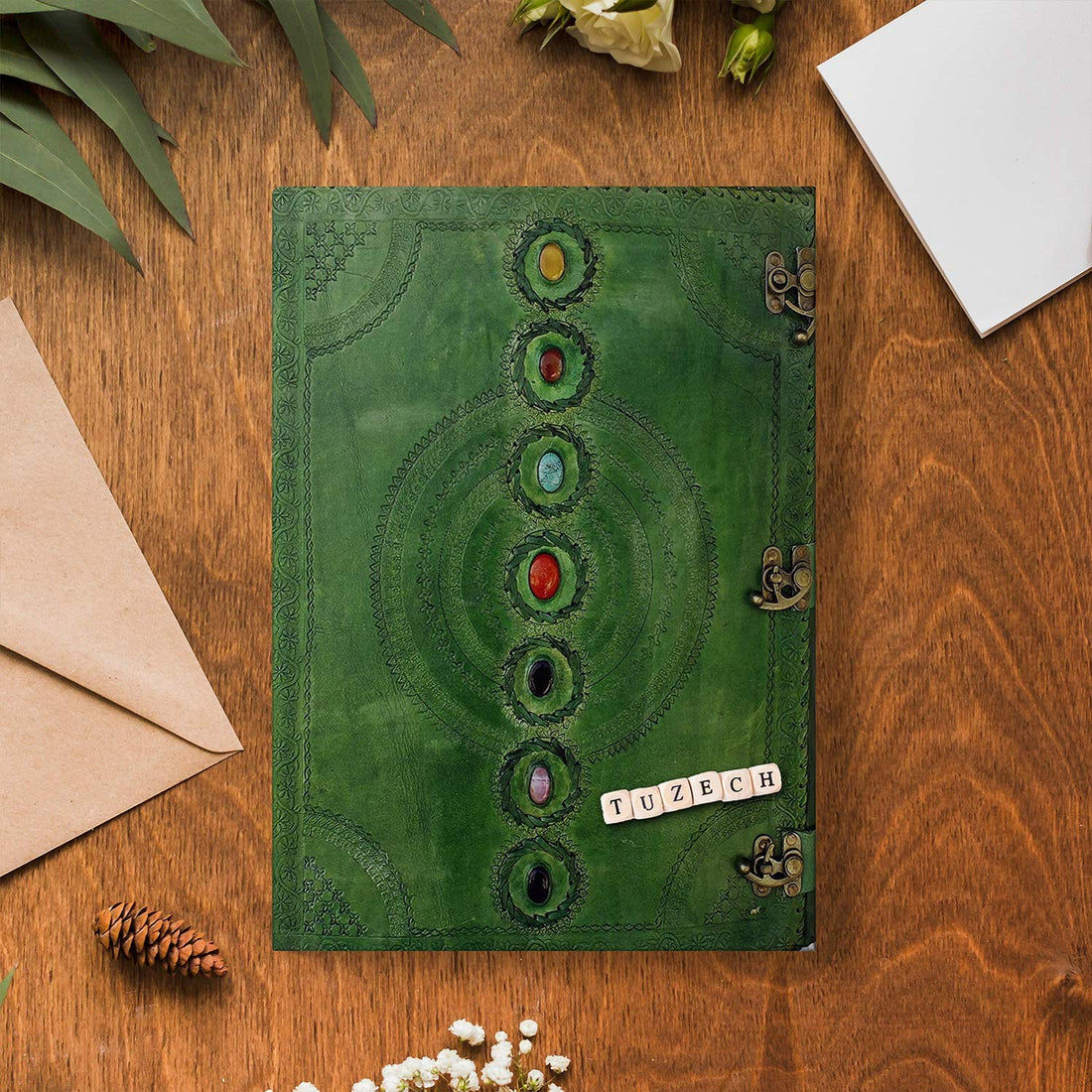 TUZECH Seven Chakra Medieval Stone Embossed Handmade Jumbo Leather Journal Book of Shadows Notebook Office Diary College Poetry Sketch-Tuzech store