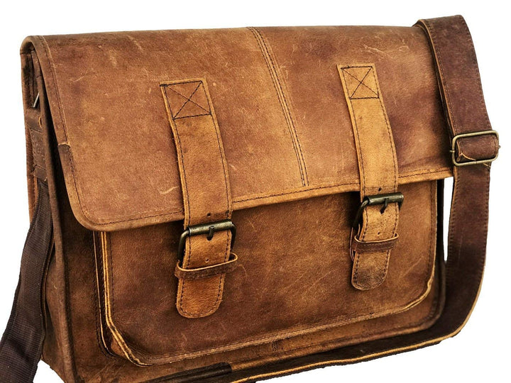 TUZECH Genuine Leather Bag Vintage Buffalo Messenger Satchel Laptop Briefcase Unisex Bags Crazy Briefcase Bags For Men Women Brown Color (15 Inches)-Tuzech store