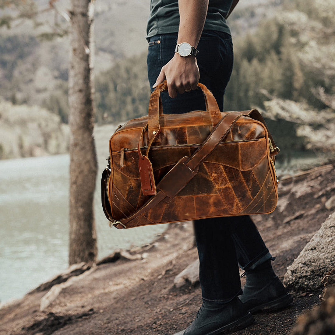 Tuzech Handmade Large Leather Duffle Bag for Men - Weekender Bag with Double Shoe Compartment Carry On Travel Luggage Leather (BROWN) 20 INCHES-Tuzech store
