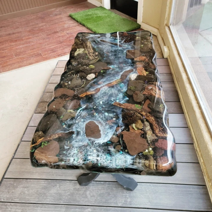 Customized Large epoxy River Rock Table with Natural Flowers, Moss, Rocks and Nature in epoxy Art, Resin Dining Table for 2, 4, 6, 8-Tuzech store