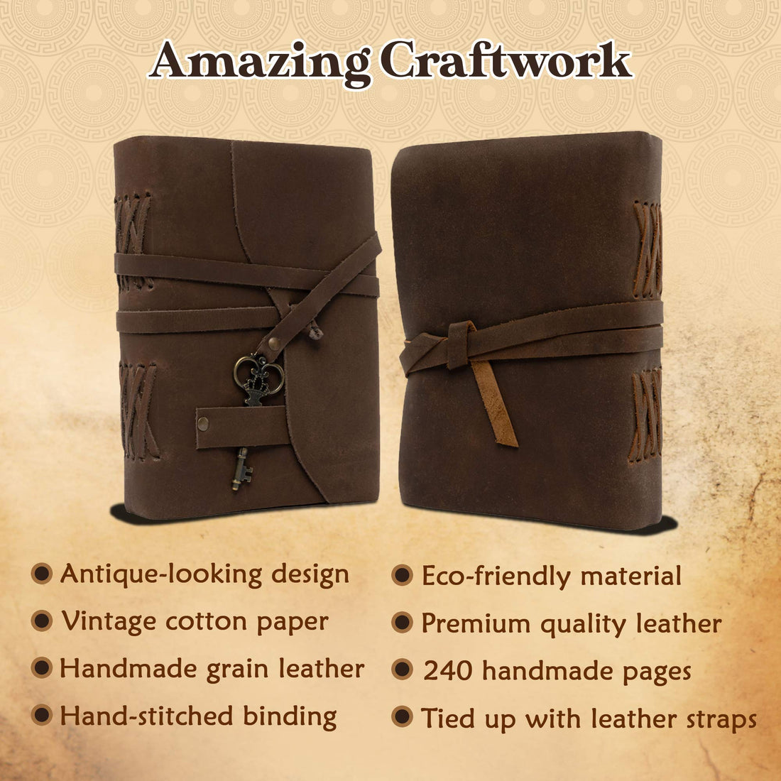 Kosala Leather Journal – Leather Bound Journal with Ancient Looking Paper – Vintage Sketchbook with Handmade Deckle Edge – Antique Journal with Leather Straps and Key – Journal for him and her-Tuzech store