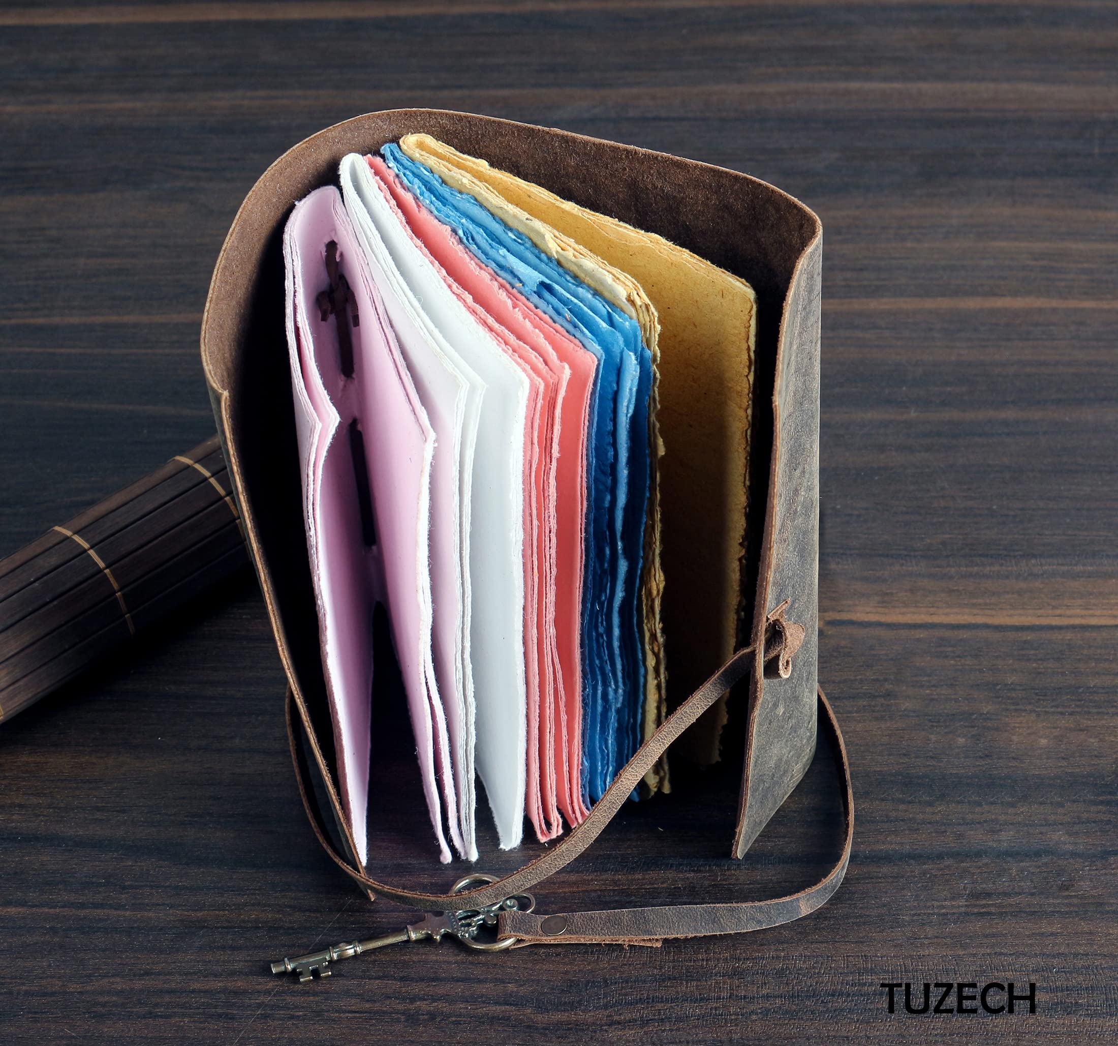 Tuzech Leather Journal for Women Men Gift With Deckle Edge Paper , Leather Scrapbook, Book of Shadows, Vintage Journal, Old Books, Grimoire, Antique Drawing Sketchbook Colourful Paper 7 by 5 Inches-Tuzech store