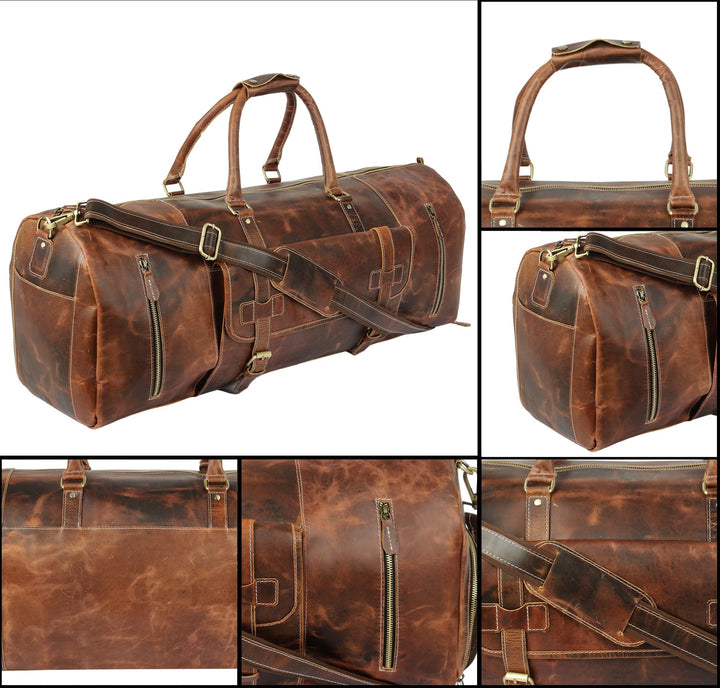 Tuzech Vintage Leather men's Travel Duffle luggage bag with Shoe Pouch ,Professional Bag Gym Sports Soft Shell Overnight Weekend Brown Color (28 Inches)-Tuzech store
