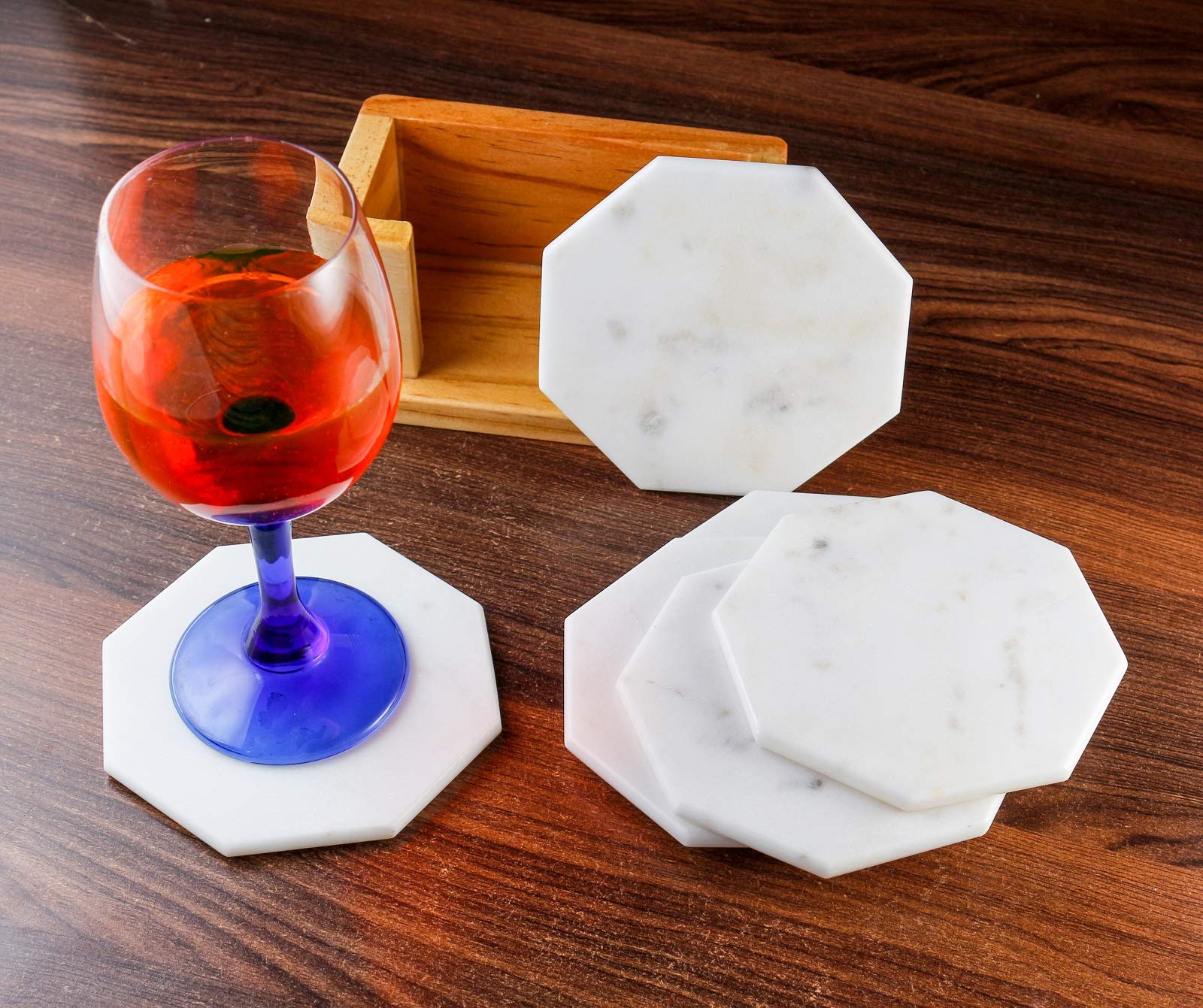 100% Pure Marble Natural Stone Coasters for Drinks with Wooden Holder Housewarming Suitable for Cup Glasses Prevent Furniture from Dirty Spills Water Ring, Scratches 4Inches Set of 6-Tuzech store