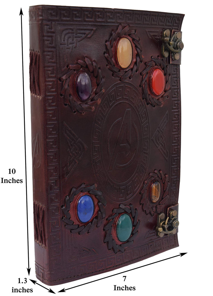 Avengers embossed 10 inches Handmade Leather Journal With Stones / Art Sketchbook & Travel diary with Vintage lock Latch-Tuzech store