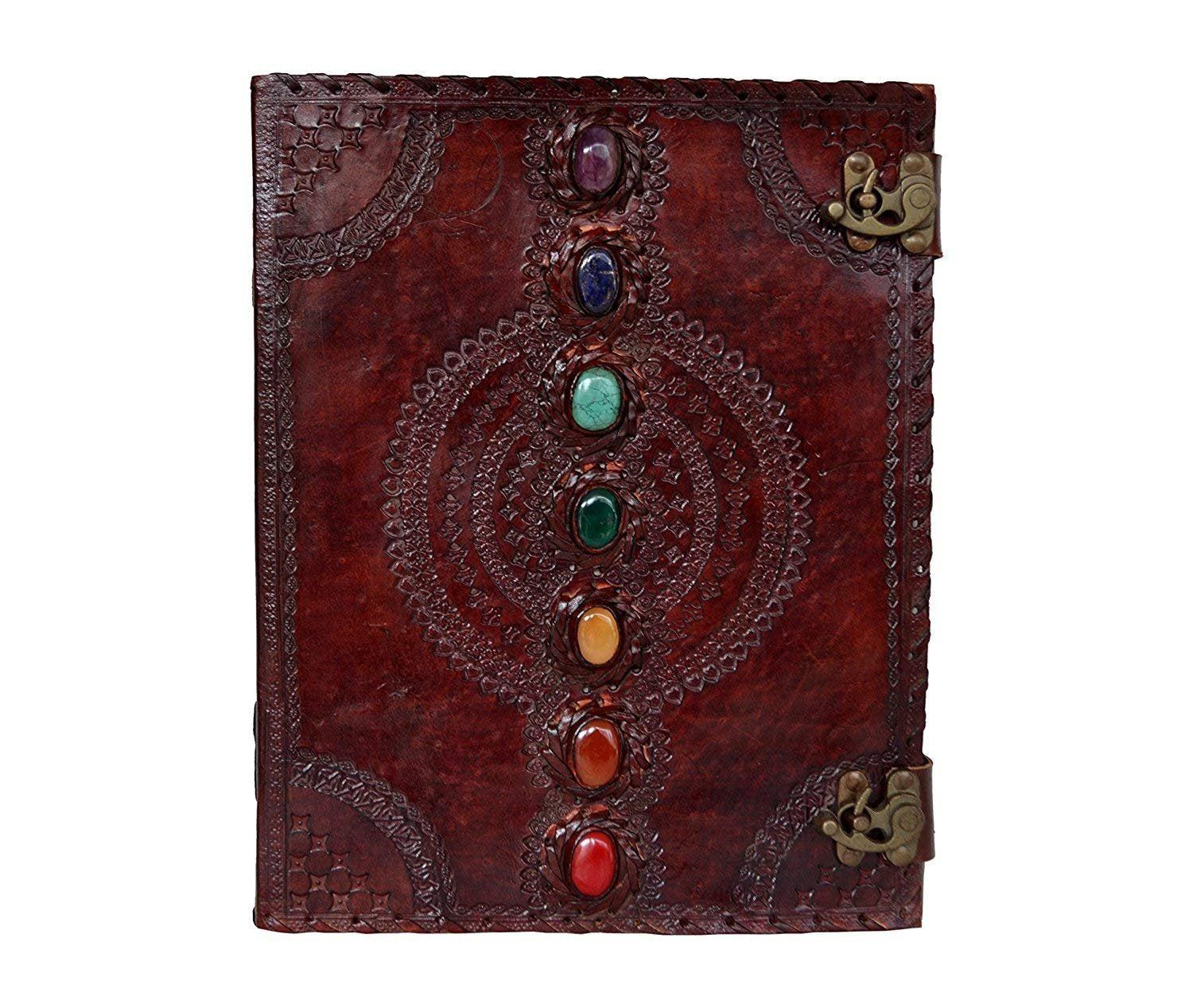 Tuzech Seven Chakra Medieval Stone Embossed Handmade Jumbo Leather Journal Book of Shadows Notebook Office Diary College Poetry Sketch-Tuzech store