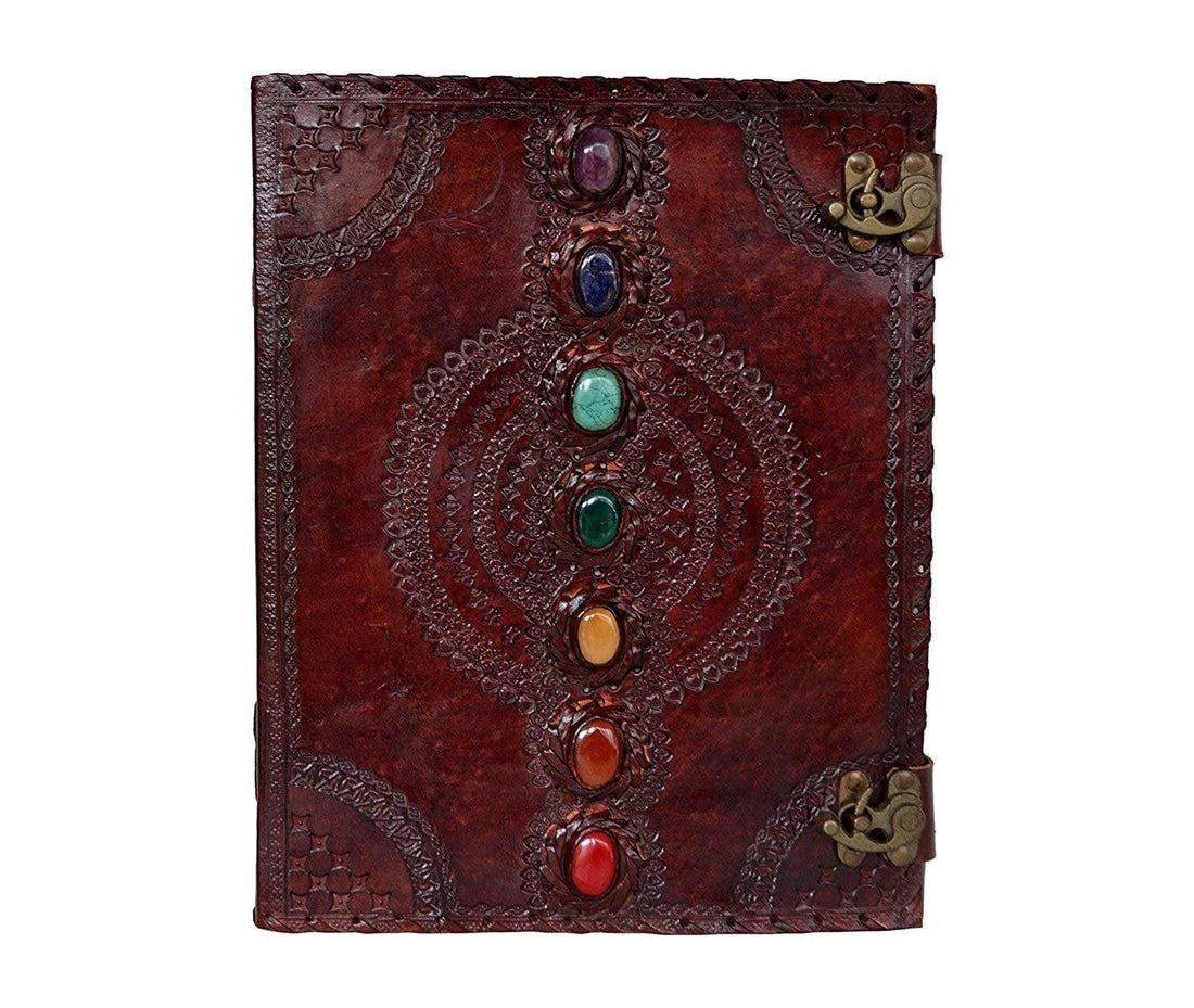 TUZECH Seven Chakra Medieval Stone Embossed Handmade Jumbo Leather Journal Book of Shadows Notebook Office Diary College Poetry Sketch-Tuzech store