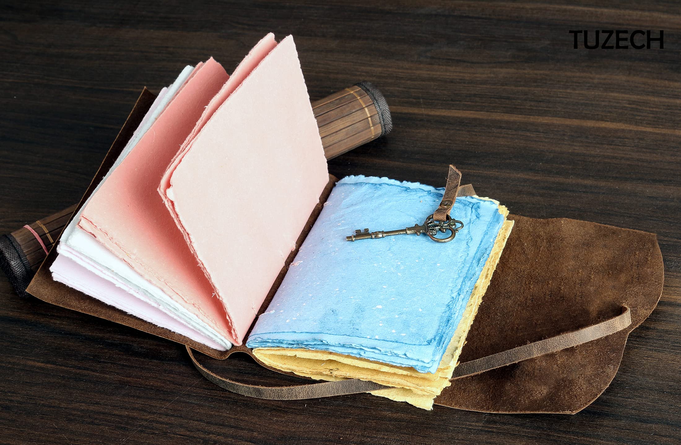 Tuzech Leather Journal for Women Men Gift With Deckle Edge Paper , Leather Scrapbook, Book of Shadows, Vintage Journal, Old Books, Grimoire, Antique Drawing Sketchbook Colourful Paper 7 by 5 Inches-Tuzech store