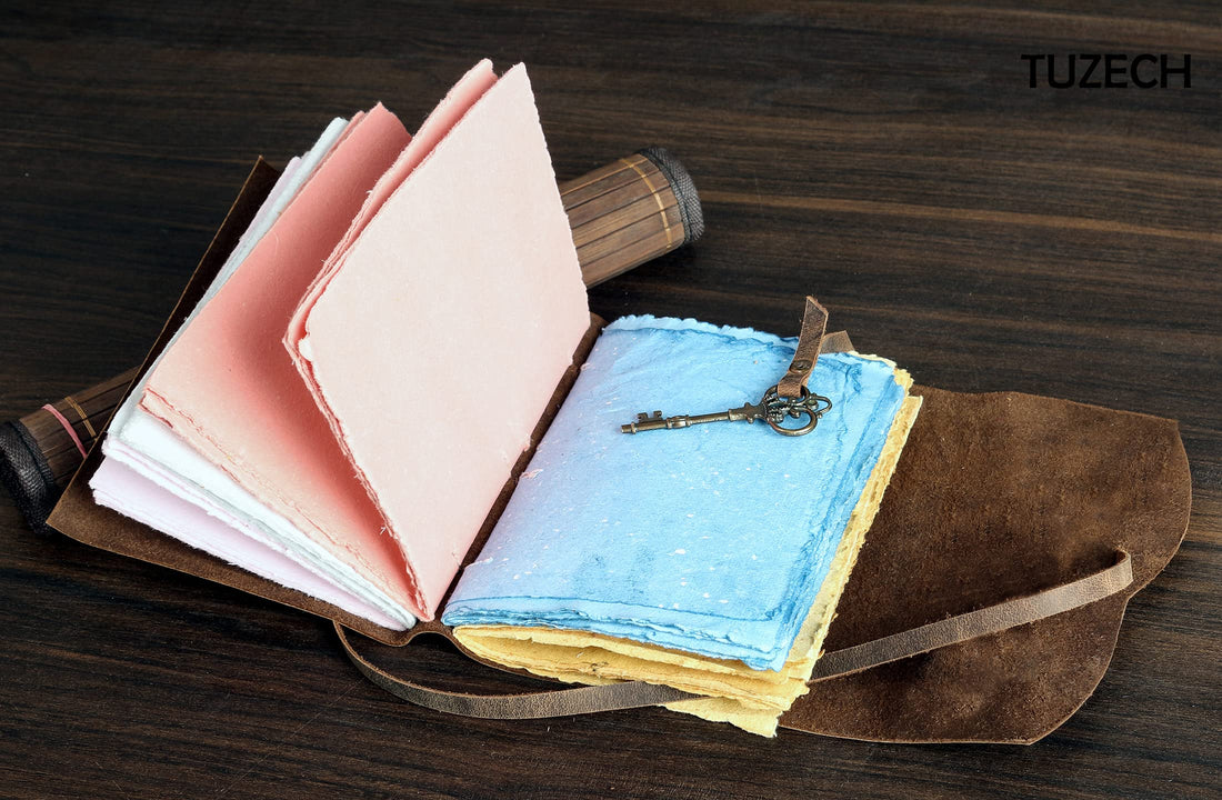 Tuzech Leather Journal for Women Men Gift With Deckle Edge Paper , Leather Scrapbook, Book of Shadows, Vintage Journal, Old Books, Grimoire, Antique Drawing Sketchbook Colourful Paper 7 by 5 Inches-Tuzech store