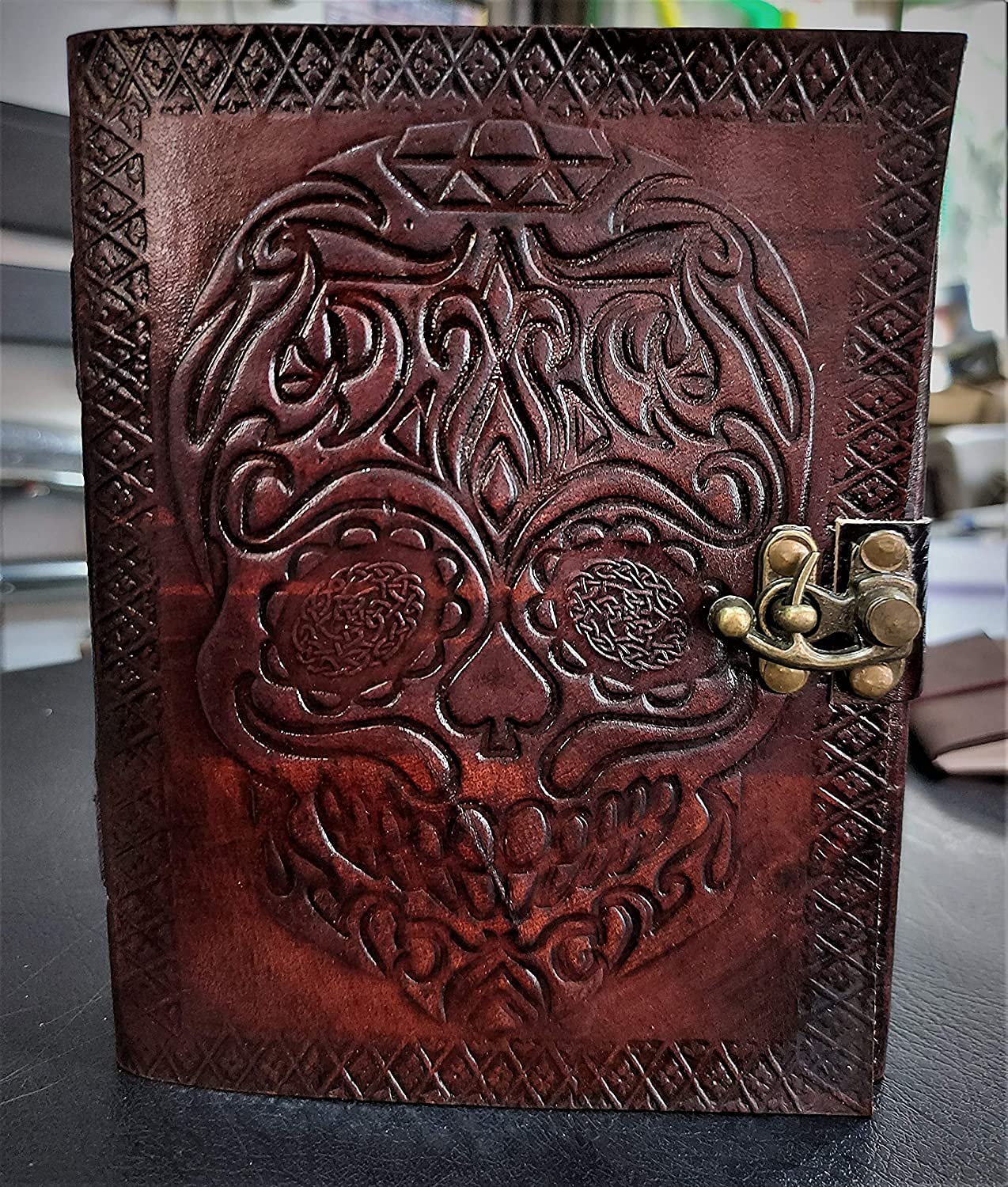 TUZECH Leather Journal Diary Skull Vintage Antique Book Of Shadows Handmade Notebook Sketchpad Hocus Pocus Notepad Gift for Men Women Seven Chakra With Leather Bound 7X5 Inches Brown