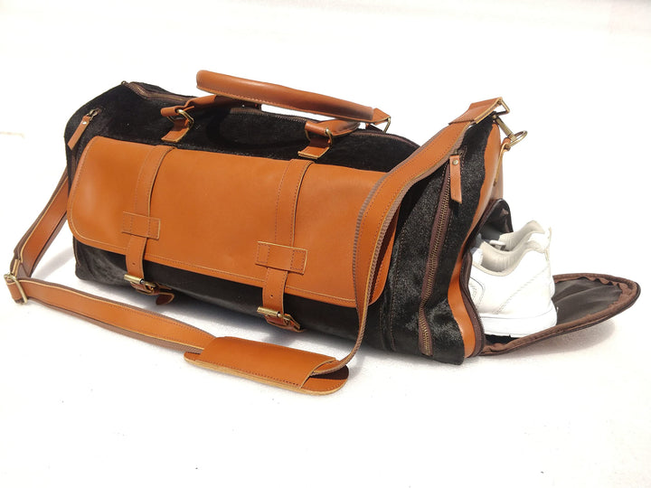 Tuzech Vintage Leather Hairon men's Travel Duffle luggage bag with Shoe Pouch,Professional Bag Gym Sports Soft Shell Overnight Weekend Brown Color