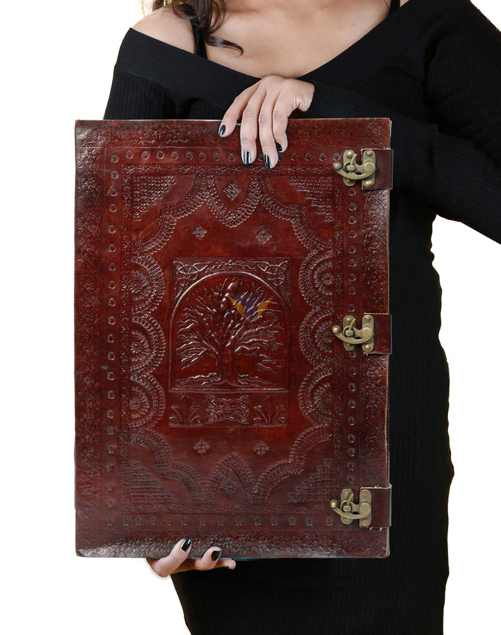 Tuzech Handmade Unique and Antique Notebook Diary for Men Women Nice Tree Embossed Design in Turquoise Color Brass Lock for Nice Closer Unlined Paper 18x13 Inches-Tuzech store