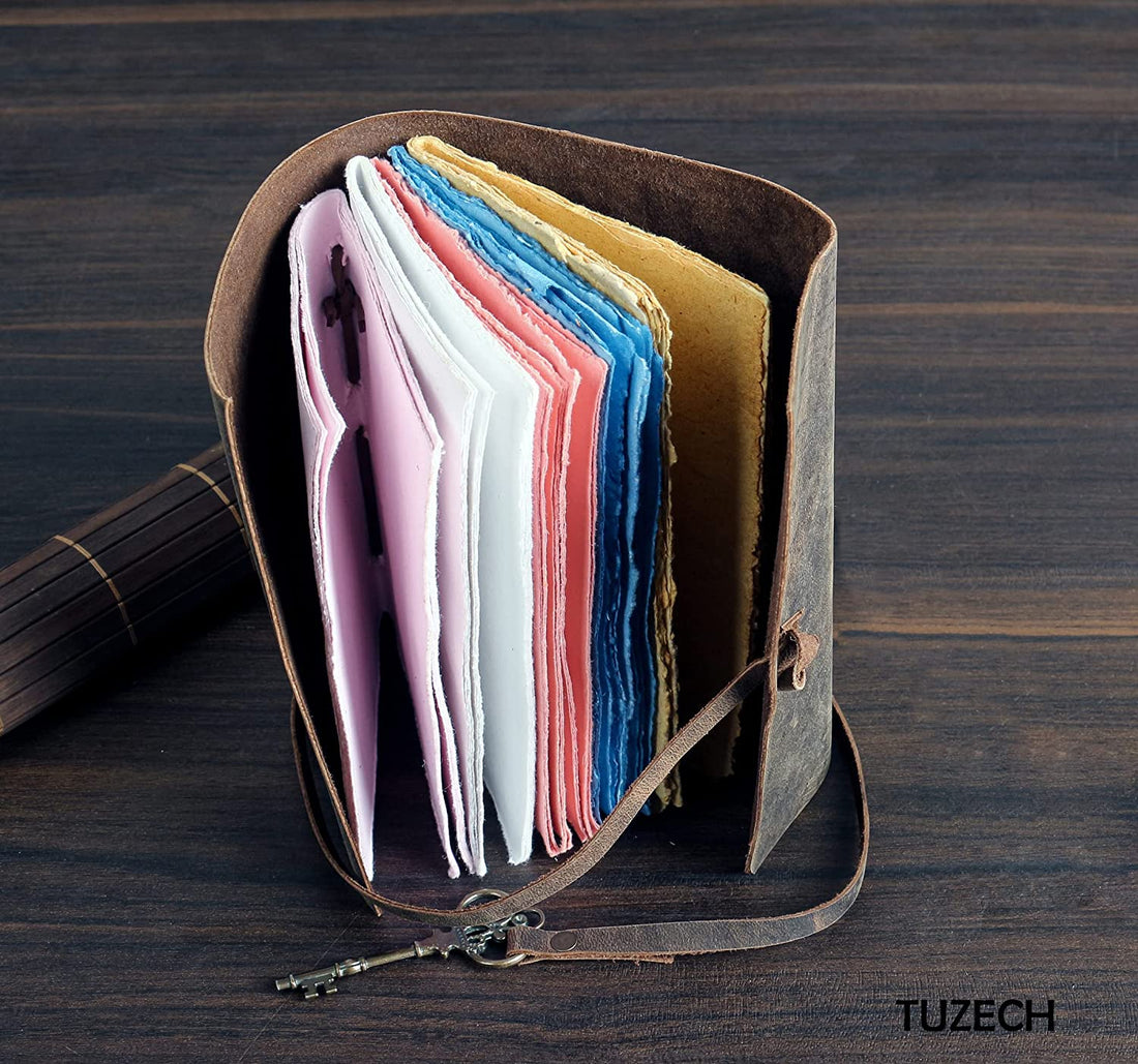 Tuzech Leather Journal for Women Men Gift With Deckle Edge Paper , Leather Scrapbook, Book of Shadows, Vintage Journal, Old Books, Grimoire, Antique Drawing Sketchbook Colourful Paper 7 by 5 Inches-Tuzech store