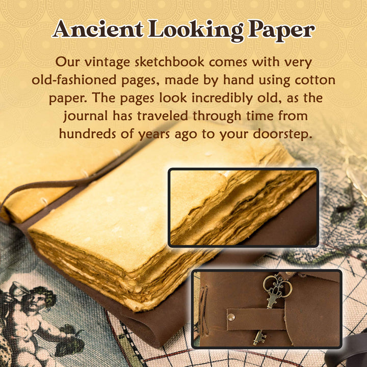 Kosala Leather Journal – Leather Bound Journal with Ancient Looking Paper – Vintage Sketchbook with Handmade Deckle Edge – Antique Journal with Leather Straps and Key – Journal for him and her-Tuzech store