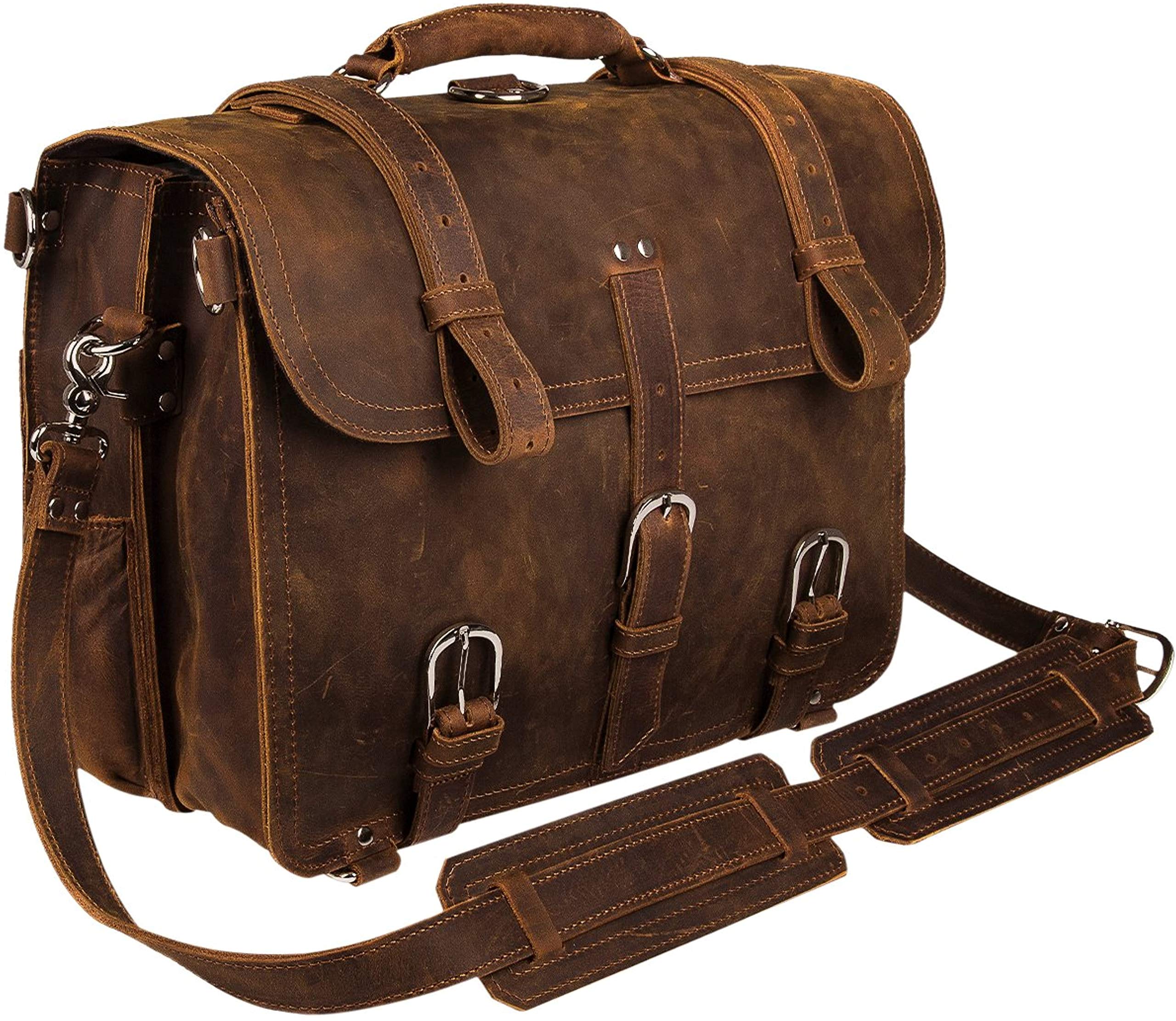 Men's Retro Full Grain Leather 16'' Briefcase Shoulder Messenger Bag Fit 16 Laptop (2019 Version)-Tuzech store