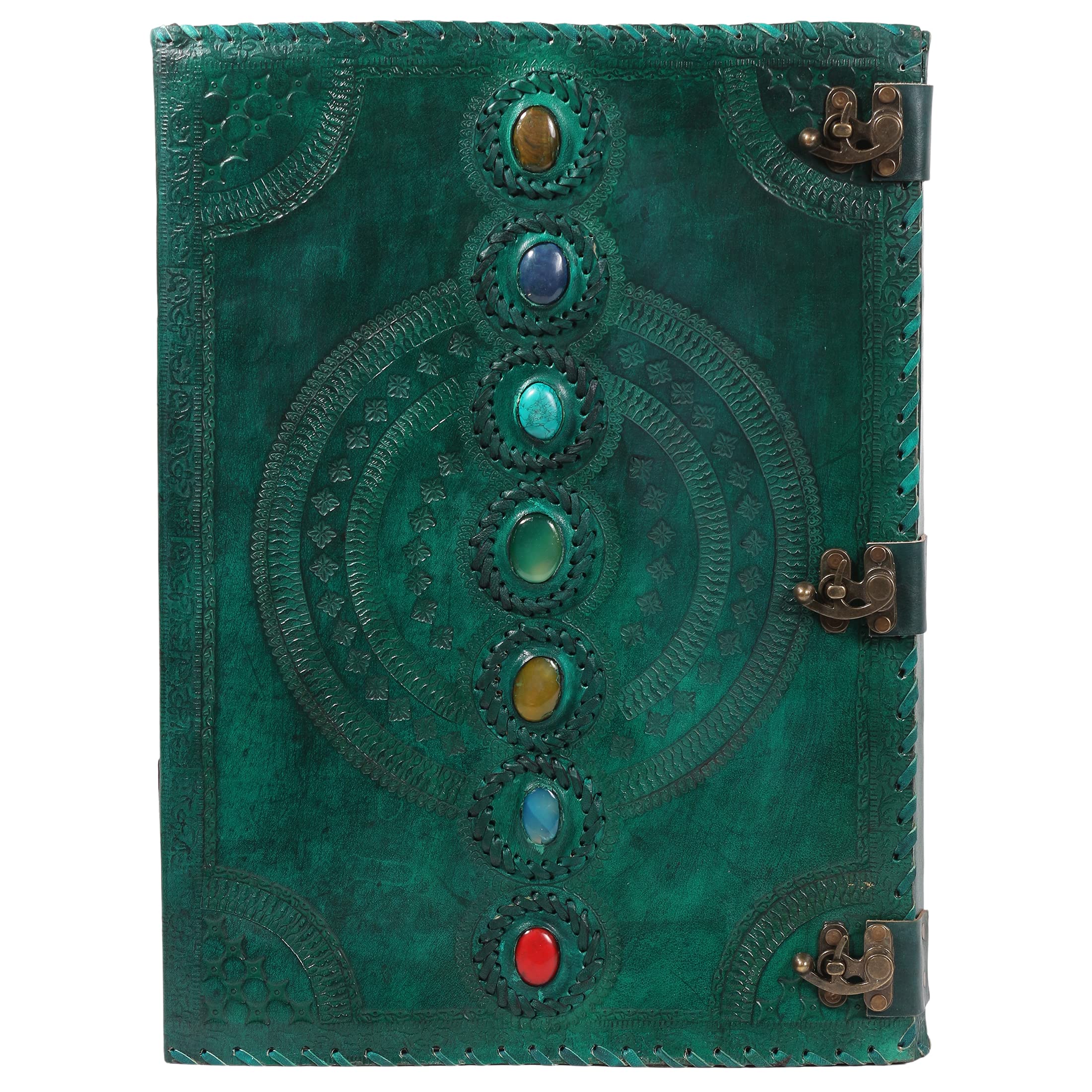 Tuzech Seven Chakra Medieval Stone Embossed Handmade Jumbo Leather Journal Book of Shadows Notebook Office Diary College Poetry Sketch-Tuzech store