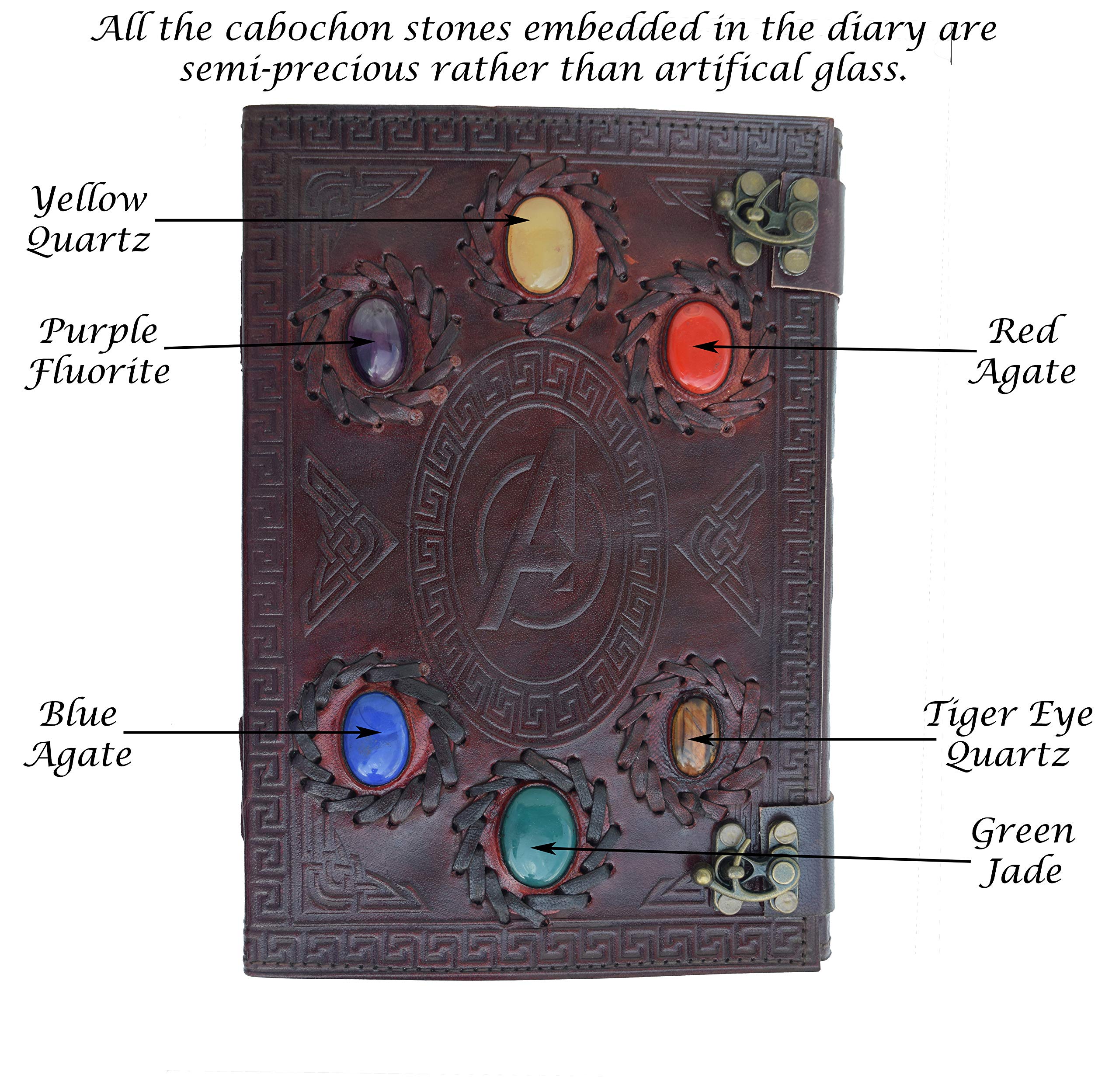 Avengers embossed 10 inches Handmade Leather Journal With Stones / Art Sketchbook & Travel diary with Vintage lock Latch-Tuzech store