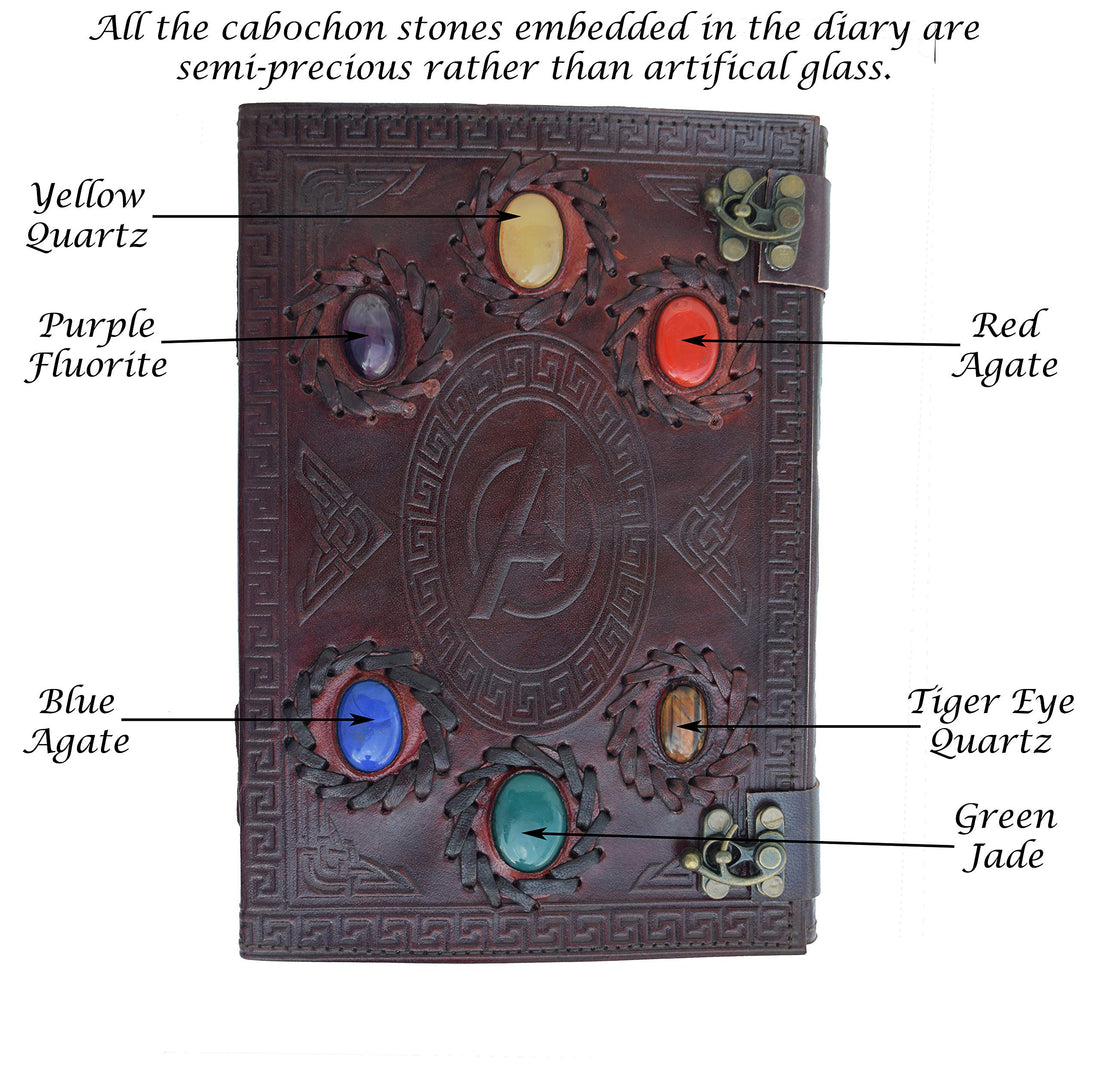 Avengers embossed 10 inches Handmade Leather Journal With Stones / Art Sketchbook & Travel diary with Vintage lock Latch-Tuzech store