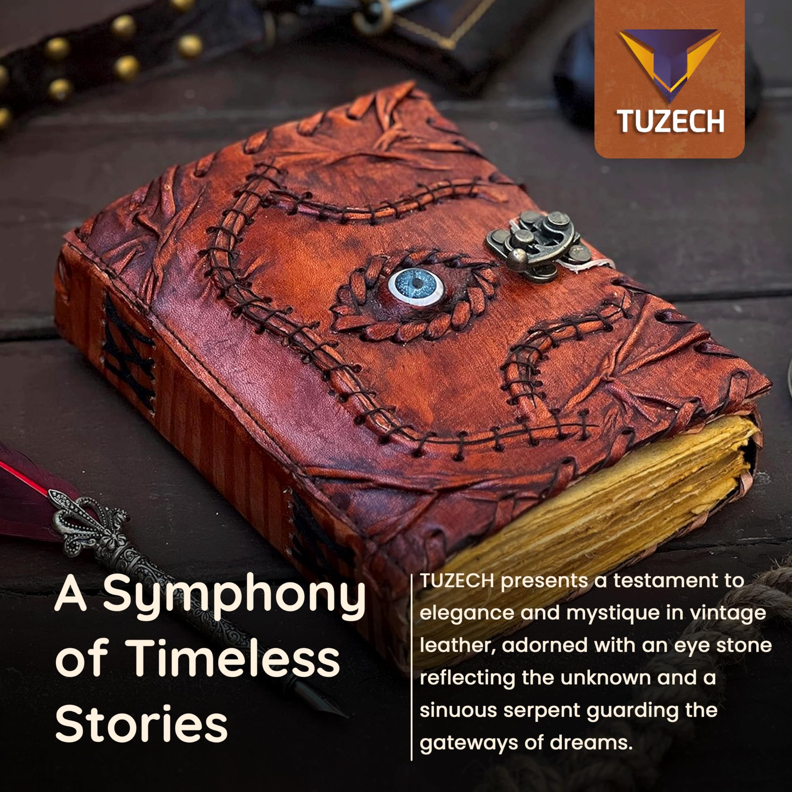 TUZECH Cutomizable Hocus Pocus Book of Spells Leather Journal Third Eye Deckle Edge Paper Grimoire Journal Vintage Book of Shadows Seven Chakra Antique Spell Book Lock Clasp Notebook Witch