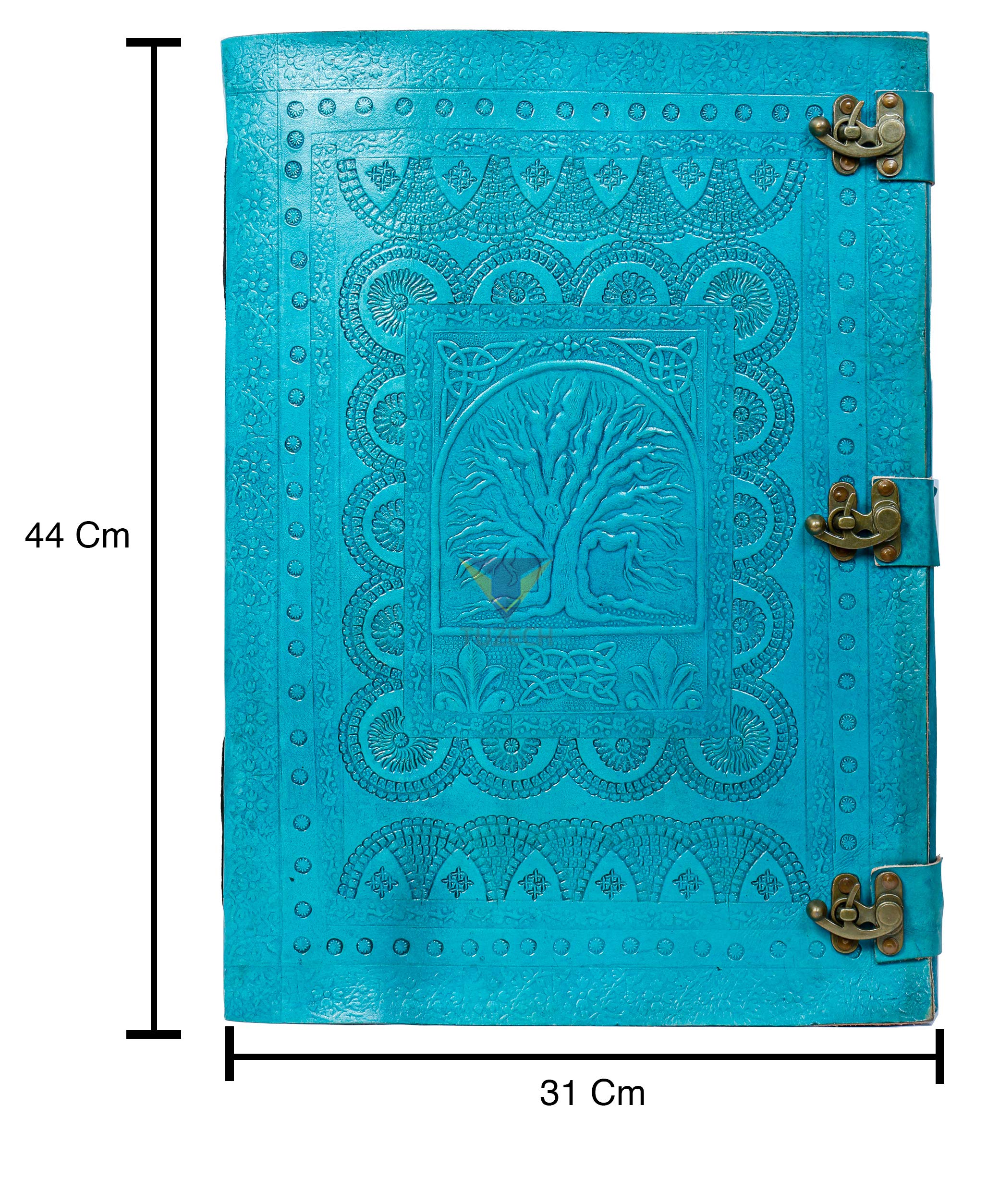 Tuzech Handmade Unique and Antique Notebook Diary for Men Women Nice Tree Embossed Design in Turquoise Color Brass Lock for Nice Closer Unlined Paper 18x13 Inches-Tuzech store