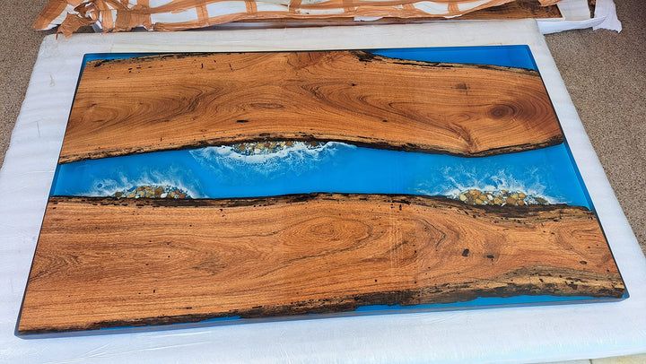 Customized Large Epoxy Table, Blue Resin Dining Table with Stones for 2, 4, 6, 8, Epoxy Coffee Table, Living Room Table, Home décor