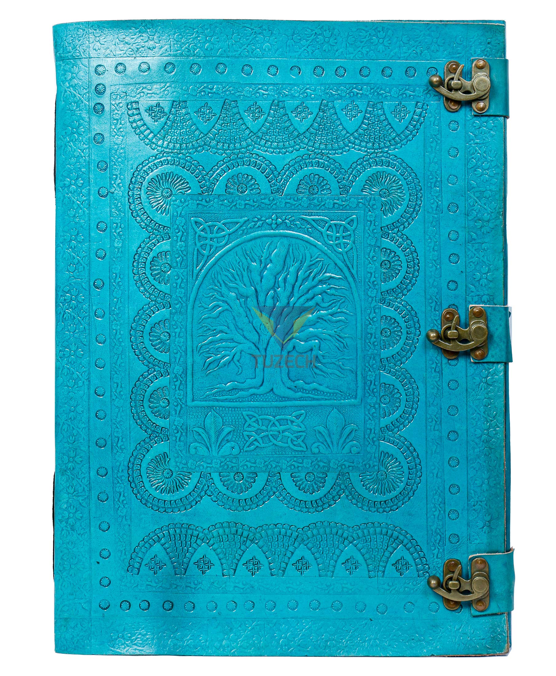 Tuzech Handmade Unique and Antique Notebook Diary for Men Women Nice Tree Embossed Design in Turquoise Color Brass Lock for Nice Closer Unlined Paper 18x13 Inches-Tuzech store