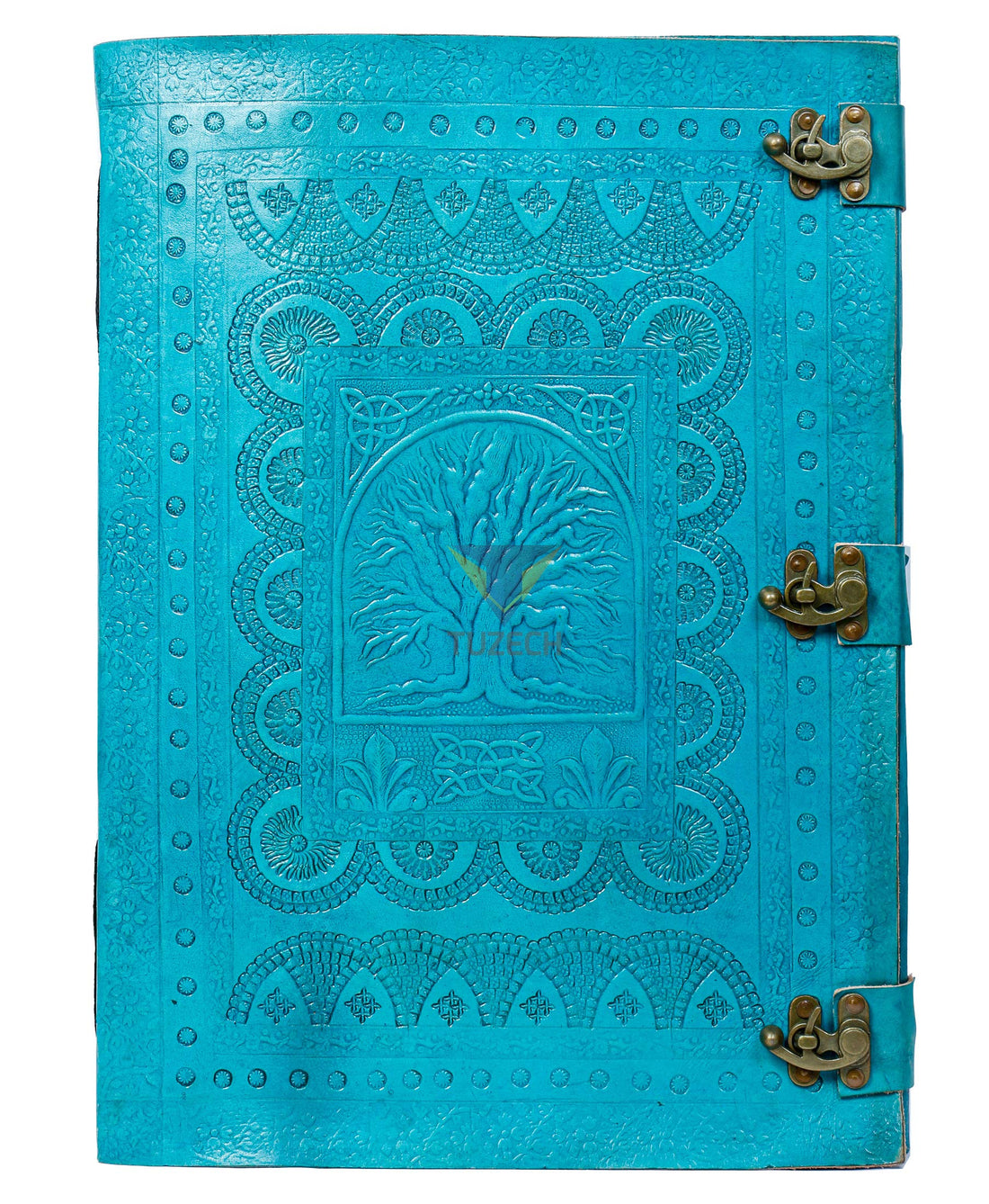 Tuzech Handmade Unique and Antique Notebook Diary for Men Women Nice Tree Embossed Design in Turquoise Color Brass Lock for Nice Closer Unlined Paper 18x13 Inches-Tuzech store