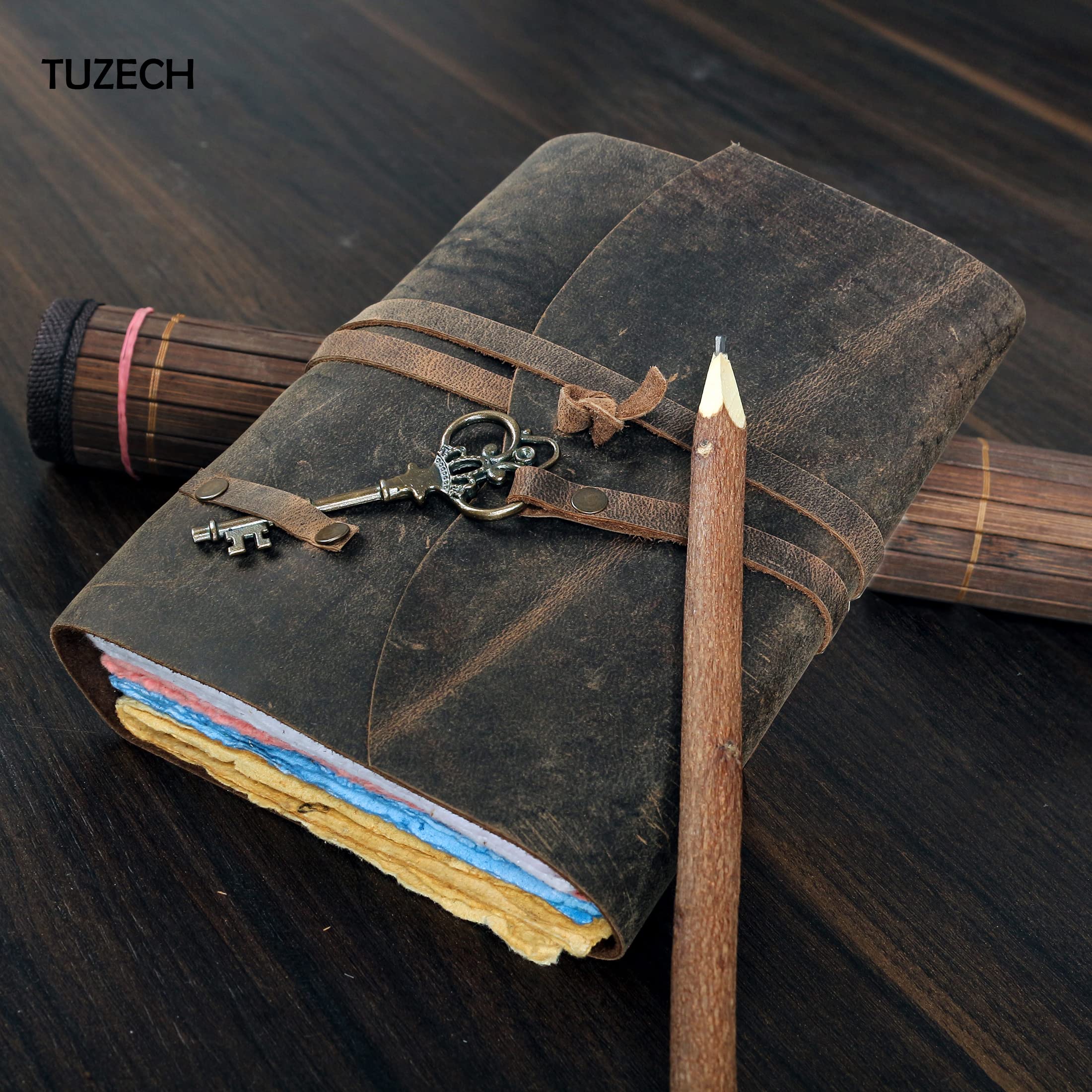 Tuzech Leather Journal for Women Men Gift With Deckle Edge Paper , Leather Scrapbook, Book of Shadows, Vintage Journal, Old Books, Grimoire, Antique Drawing Sketchbook Colourful Paper 7 by 5 Inches-Tuzech store