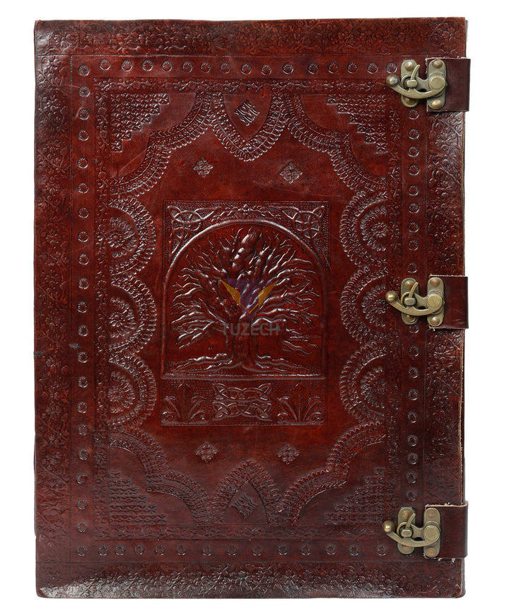Tuzech Handmade Unique and Antique Notebook Diary for Men Women Nice Tree Embossed Design in Turquoise Color Brass Lock for Nice Closer Unlined Paper 18x13 Inches-Tuzech store