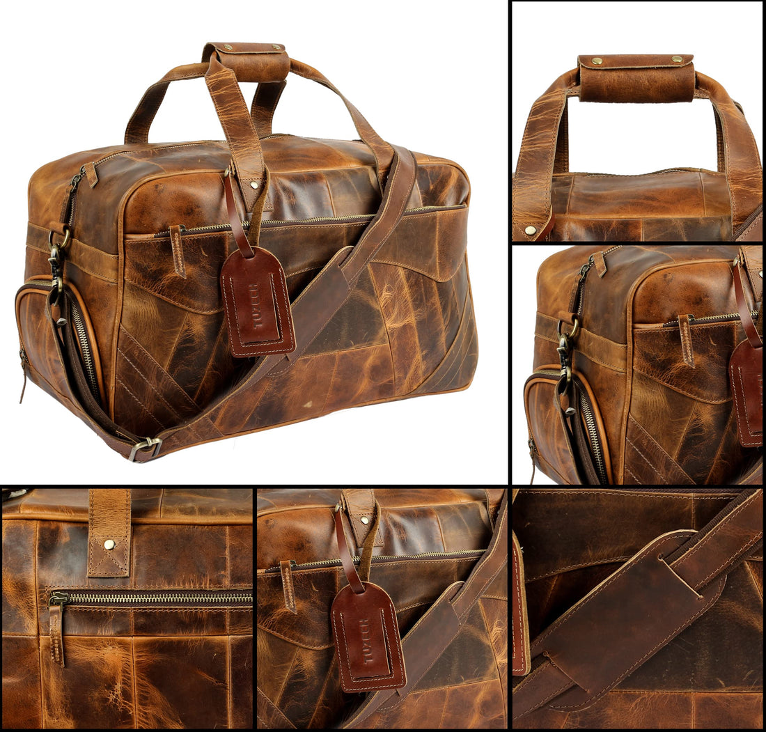 Tuzech Handmade Large Leather Duffle Bag for Men - Weekender Bag with Double Shoe Compartment Carry On Travel Luggage Leather (BROWN) 20 INCHES-Tuzech store